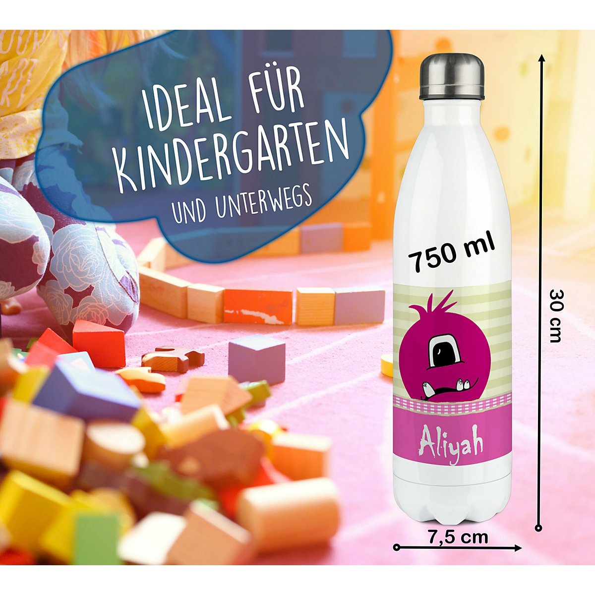Edelstahl Kinder Thermoflasche / Trinkflasche bunt Monster Karo Farbe rosa Spülmaschinenfest, Auslaufsicher, Bruchfest, Doppelwandig, Für Heißgetränke geeignet, Mit Deckel, Isoliert
