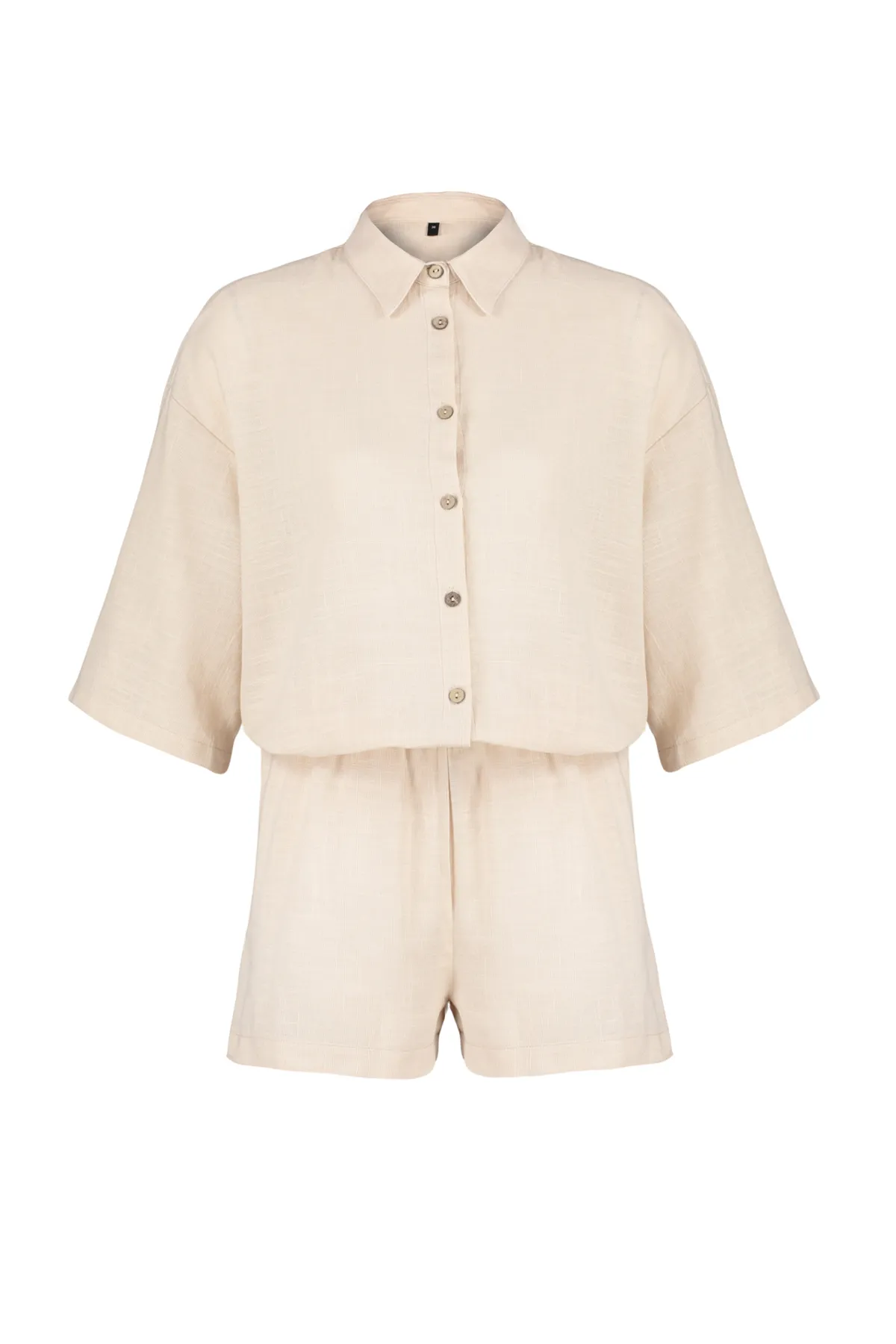 Trendyol Collection  Beigefarbenes Hemd-Shorts-Set aus gewebtem Leinengemisch TBESS24AU00042