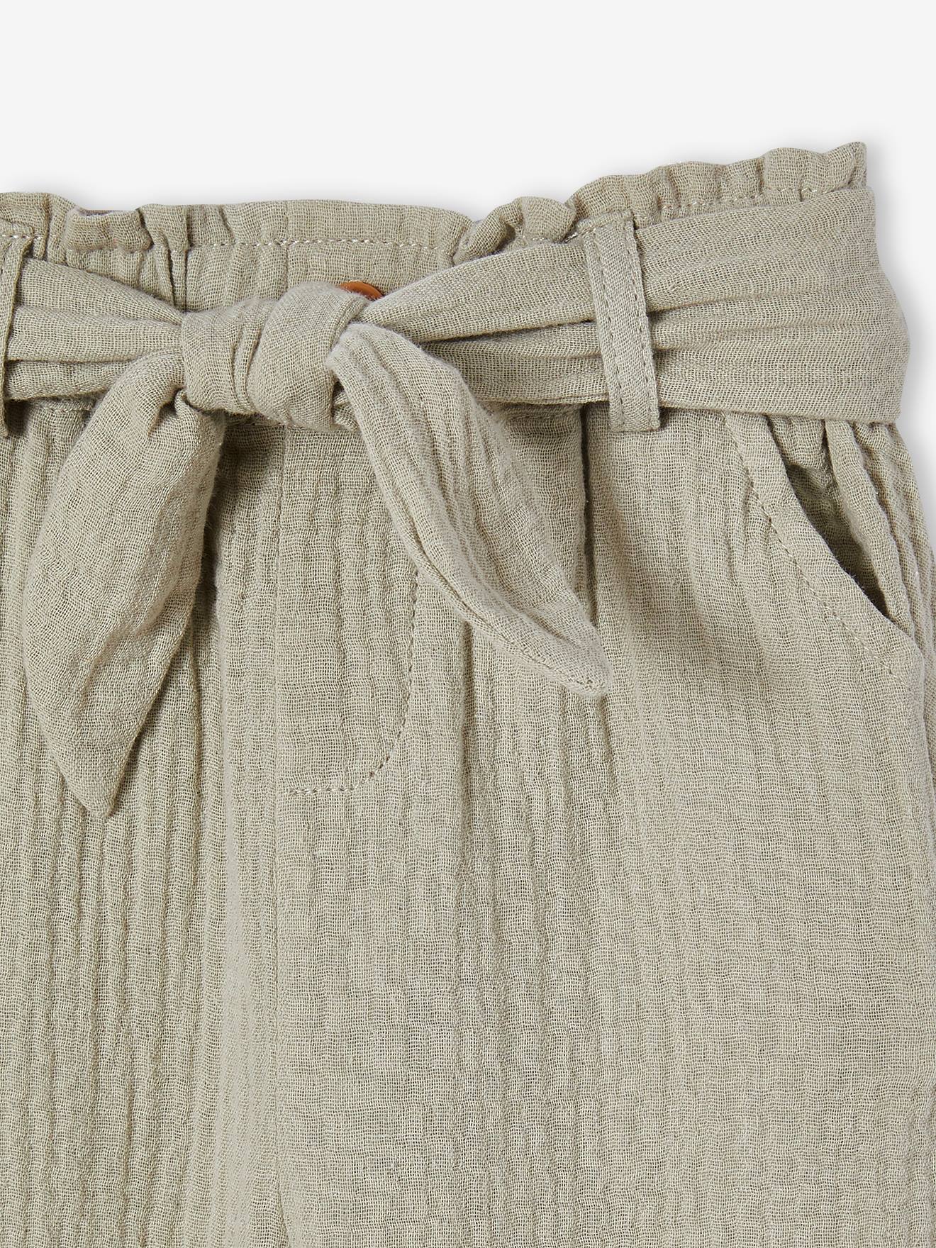 Pantalon paperbag bébé en gaze de coton vert de gris