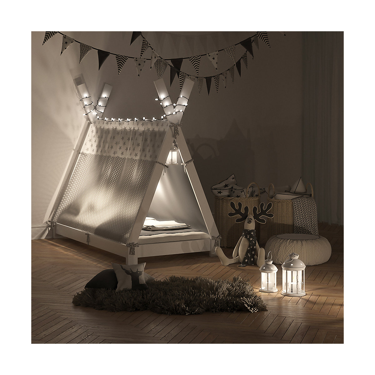 Kinderbett Hausbett Tipi + Überwurf 80x160cm Indianerzelt Indianerbett