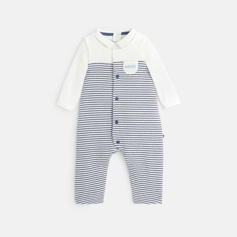 Salopette maille fantaisie et body col polo bleue naissance