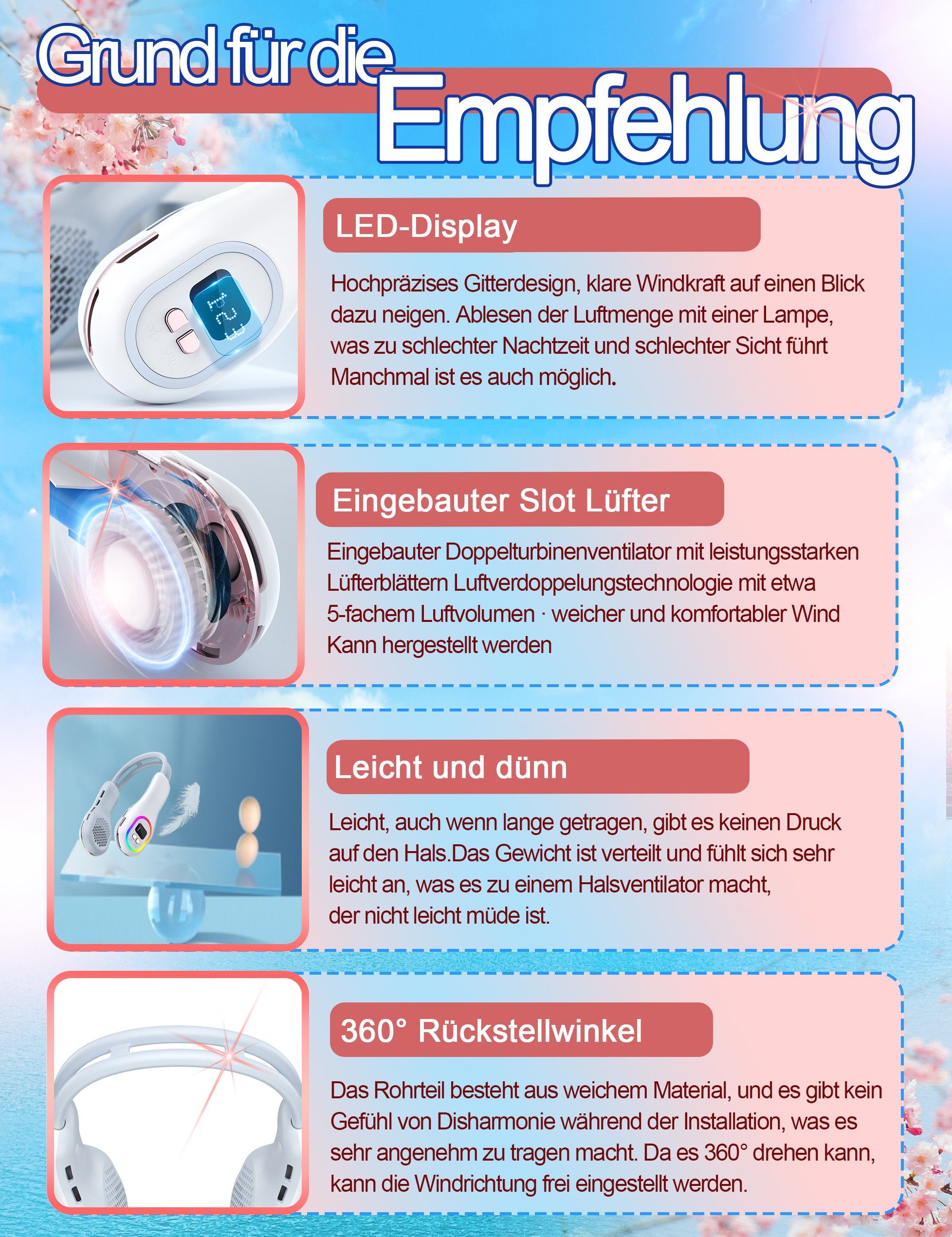 KUGI Mini USB-Ventilator Halsventilator flügelloser Pylon Typ-C wiederaufladbar 4800mAh, tragbares farbiges Licht, wickelt keine Haare Kühlung Gegenmaßnahmen
