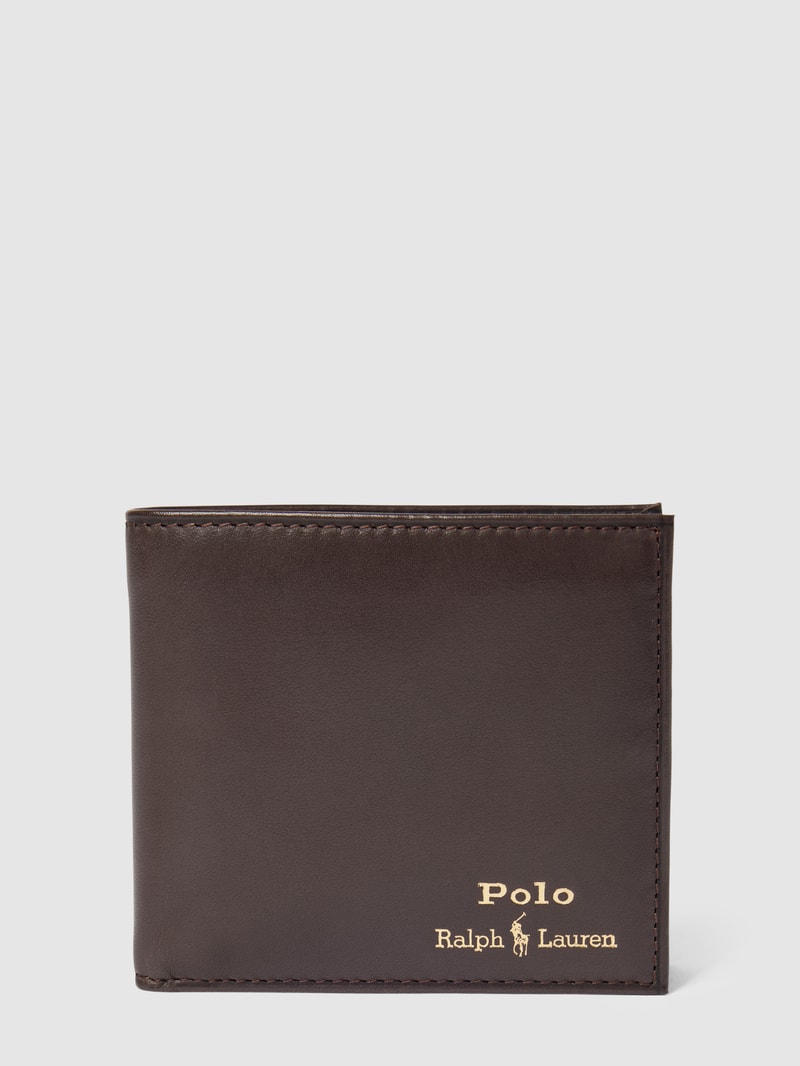 Portemonnaie aus Rindsleder mit Label-Print in dunkelbraun