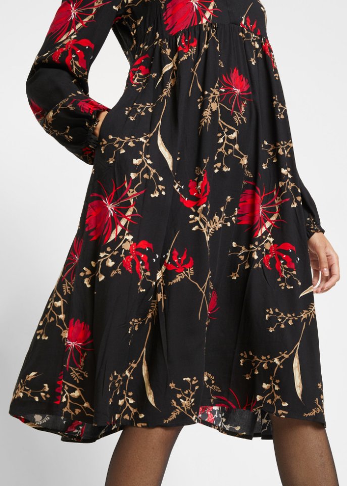 Knieumspielendes Webkleid mit Bubikragen und Teilungsnaht unter der Brust, A-Linie