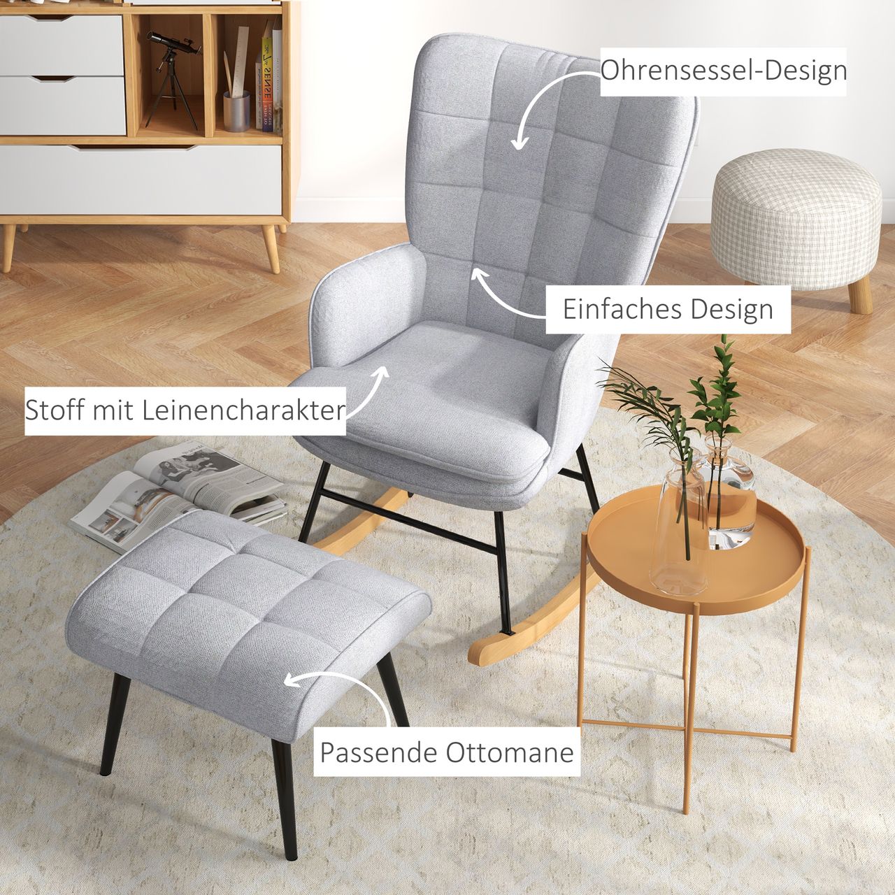 HOMCOM Schaukelstuhl Schwingsessel mit Hocker Relaxsessel mit Leinenoptik