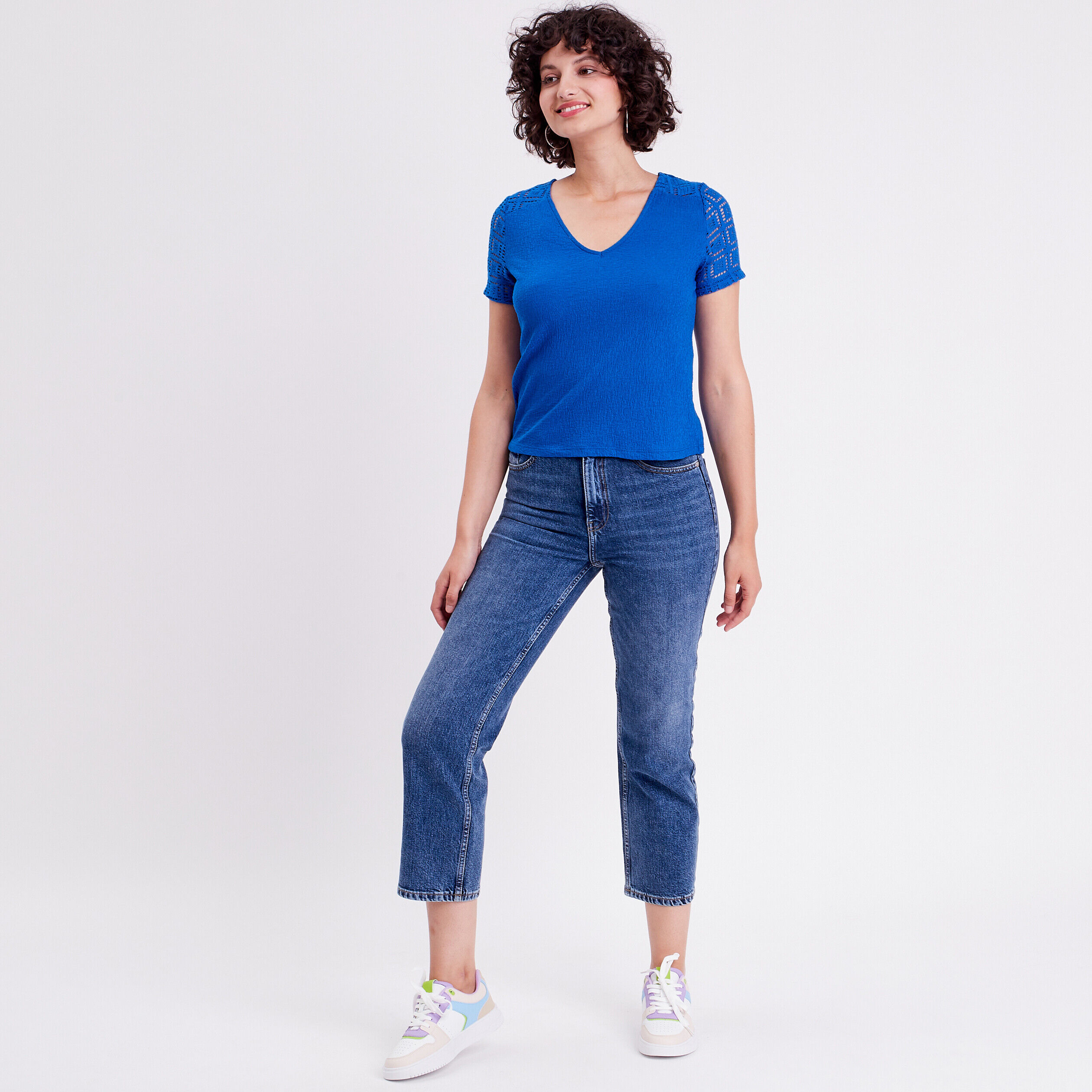 T-shirt col en V bleu roi femme | Cache Cache