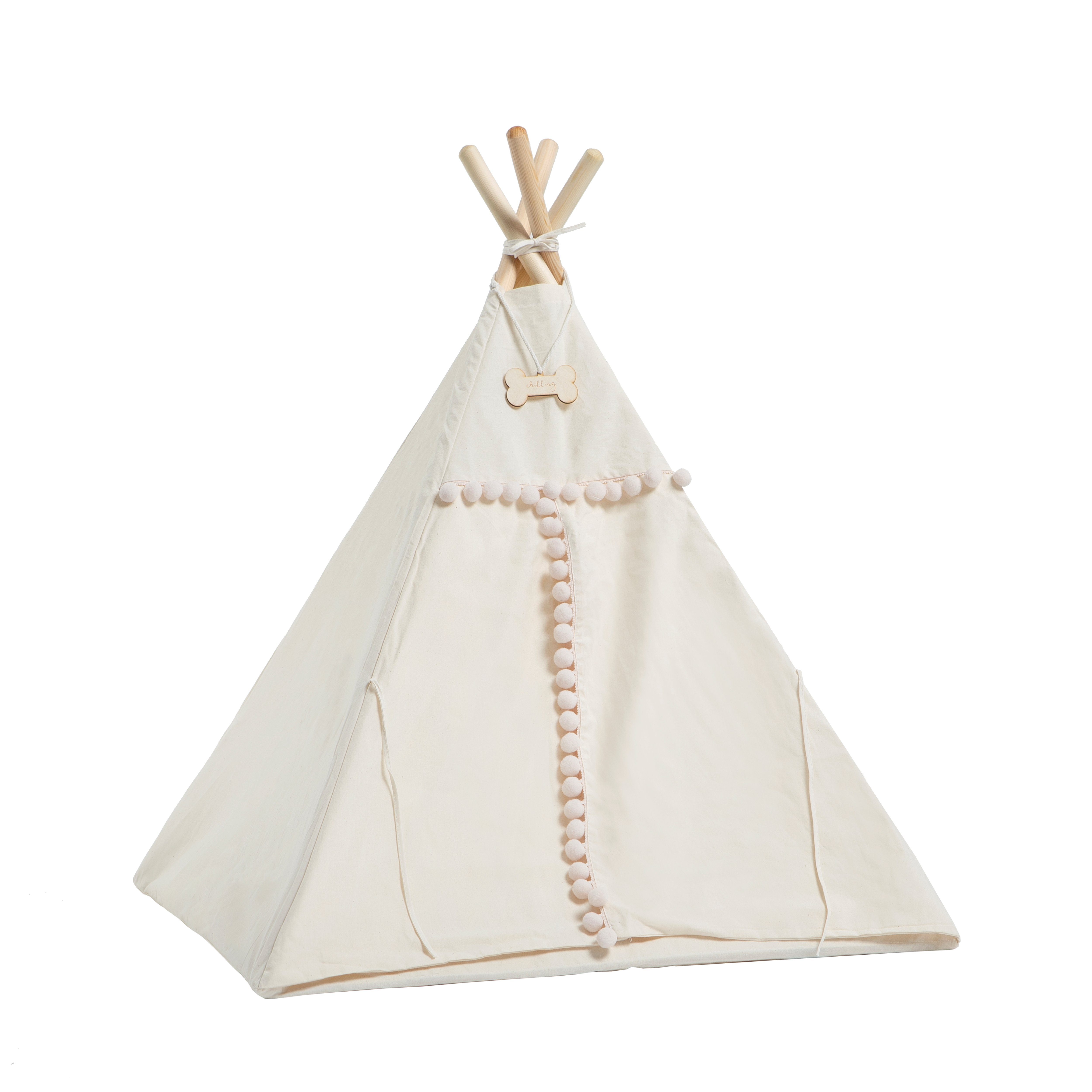 Rainbow Kids Tipi-Zelt Tipi für Hunde und Katzen / Haustierzelt Beiger Pompon, (2 tlg), vier Holzstangen zu je 110 cm Länge