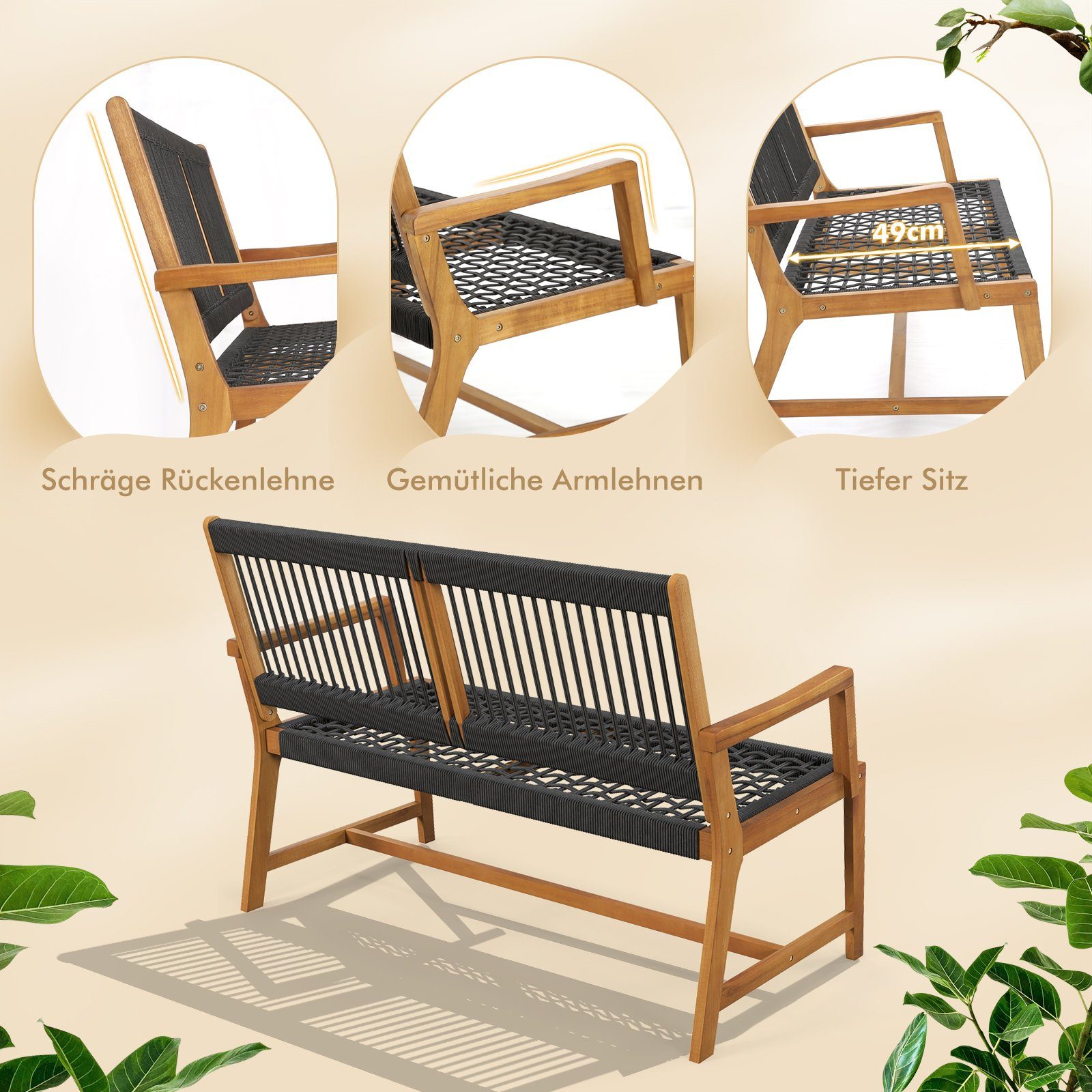 COSTWAY Gartenbank, 2 Sitzer, Akazienholz, bis 320kg, 118x63x90cm