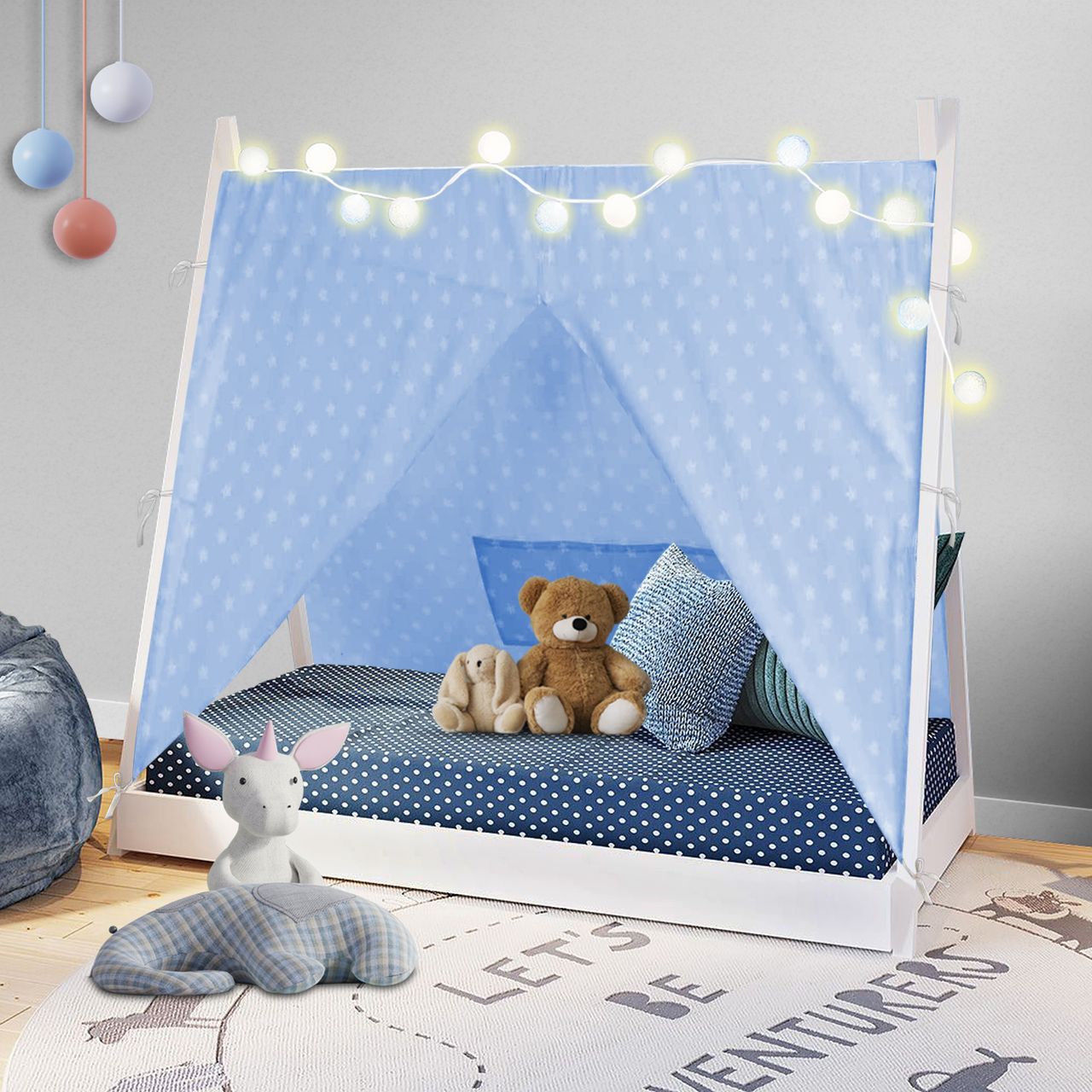 Coemo Hausbett CAMP 80x160 cm Zeltbett mit Lattenrost Kinderbett Holz Spielbett