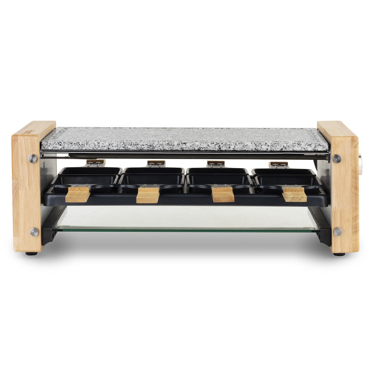 H.Koenig Multifunktionales Raclettegerät 8 Personen WOD12 Naturholzdesign, Herausnehmbarer Granitstein, Professionelles Raclette, 8 antihaftbeschichtete Pfännchen, 8 Holzspatel