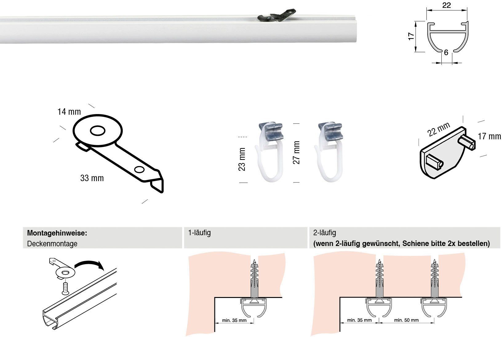 Gardinenschiene 400, GARESA, 1-läufig, Wunschmaßlänge, mit Bohren, verschraubt, Aluminium, Kunststoff, Innenlaufprofil, schlicht, Deckenmontage, Aluminium, verlängerbar