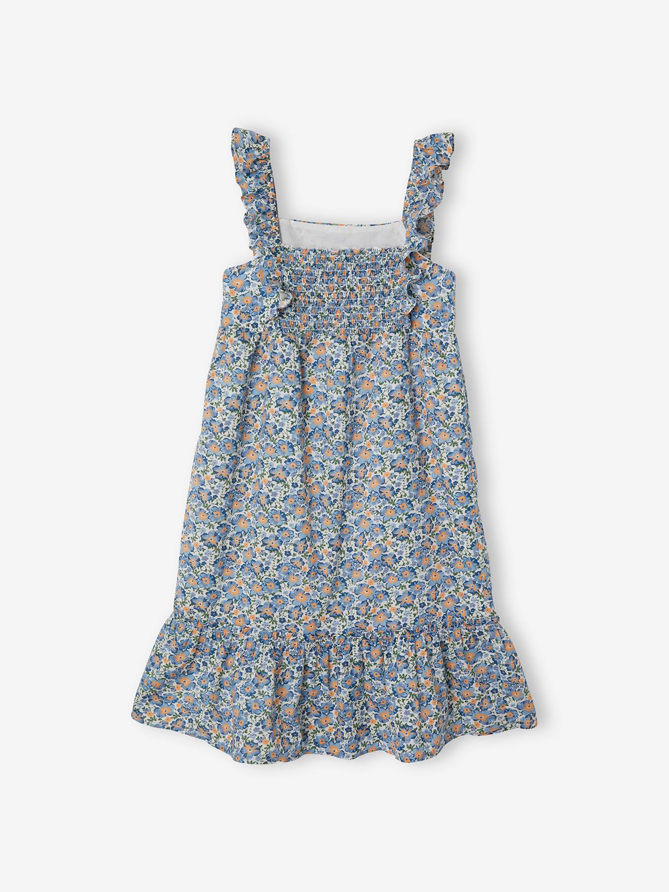 Robe à bretelle volantées fille ecru imprimé fleurs bleues