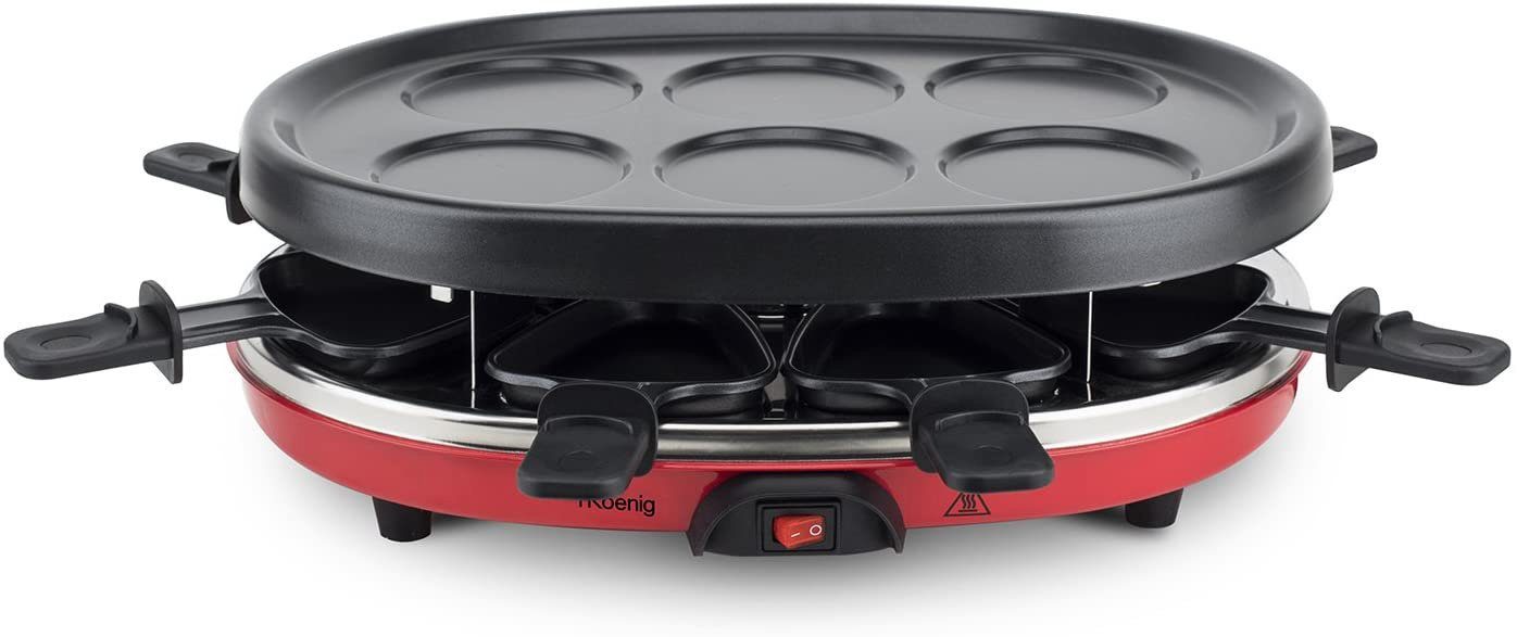 H.Koenig Raclette RP-412 mit wechselbaren Pletten, heißer Stein, 8 Raclettepfännchen, 900 W