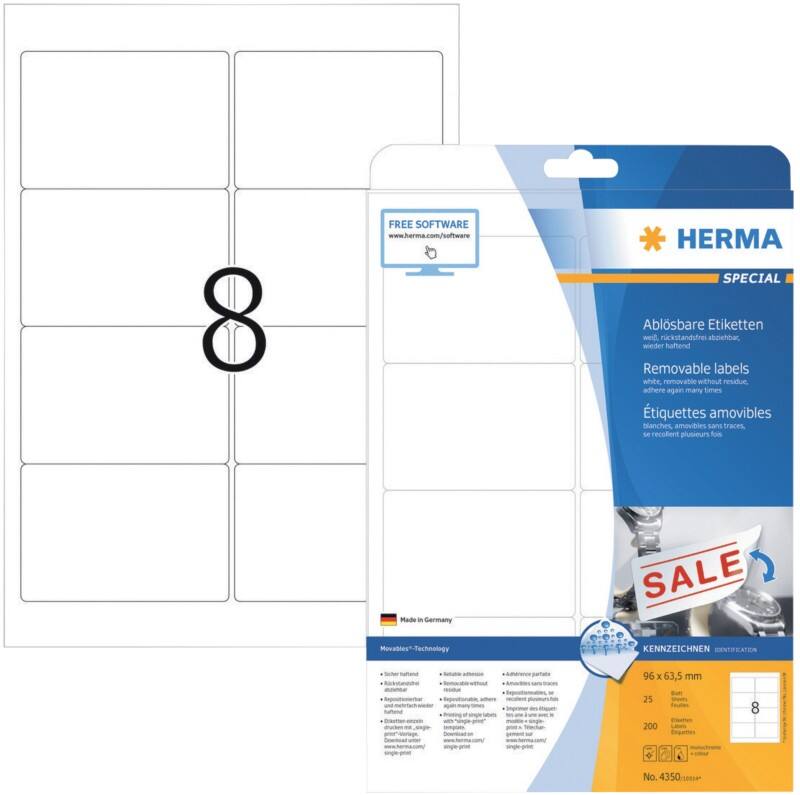HERMA Wiederablösbare Etiketten 4350 Weiß Rechteckig 200 Etiketten pro Packung