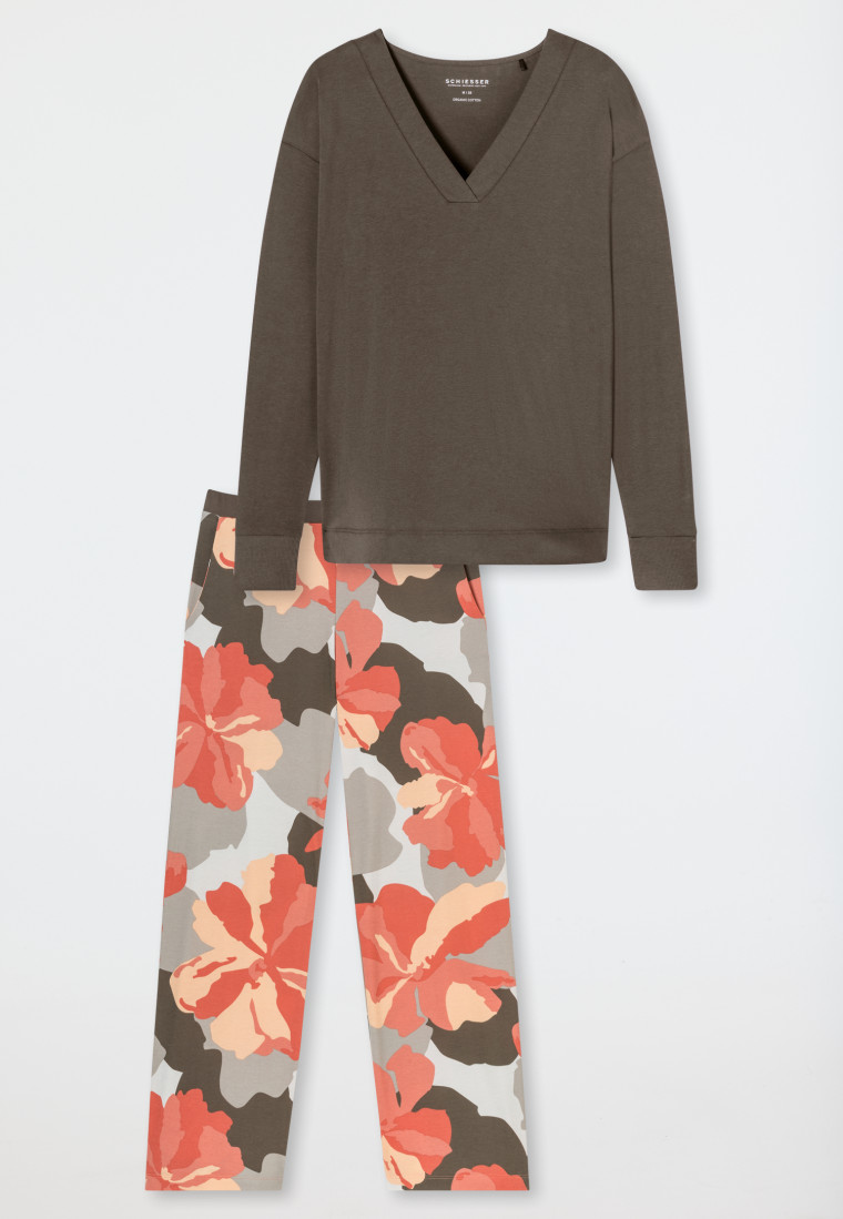Schlafanzug lang Interlock taupe bedruckt - Modern Nightwear
