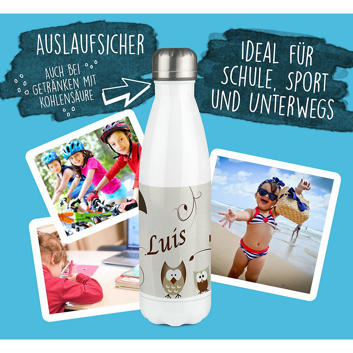 Edelstahl Kinder Thermoflasche / Trinkflasche bunt Eule Farbe beige Spülmaschinenfest, Auslaufsicher, Bruchfest, Doppelwandig, Für Heißgetränke geeignet, Mit Deckel, Isoliert
