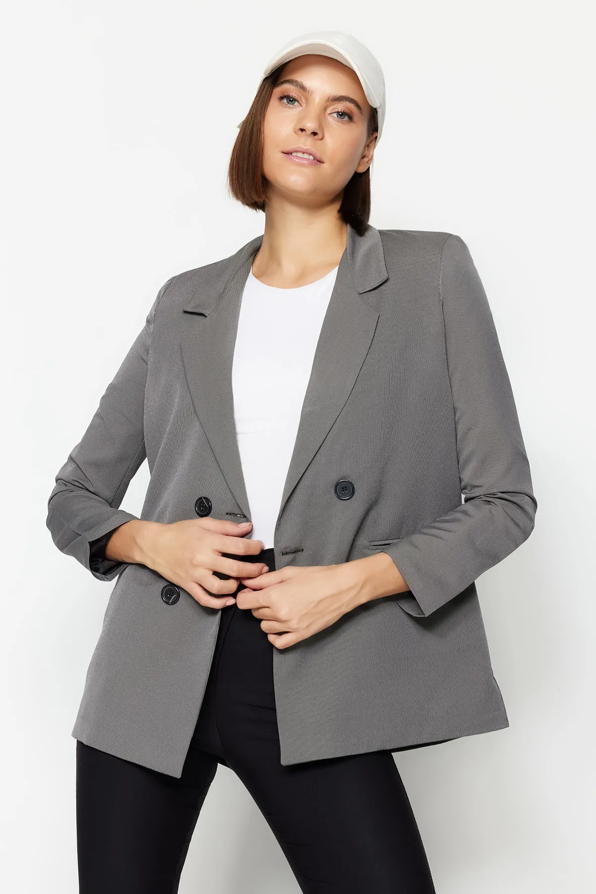 Trendyol Collection  Graue, gefütterte, geknöpfte, gewebte Blazerjacke TWOAW23BC00017