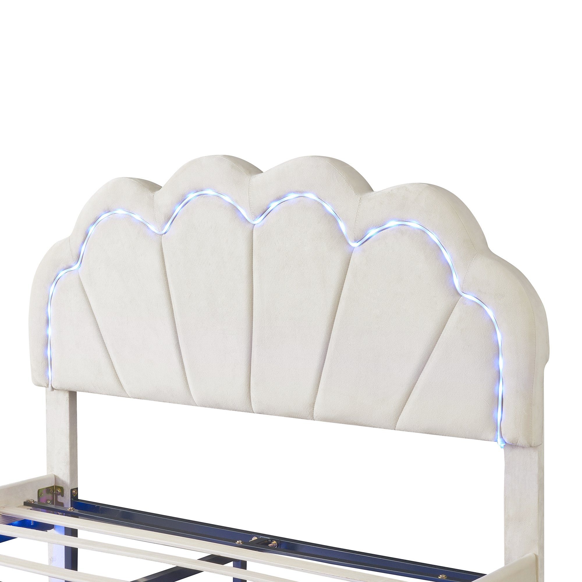 Flieks Polsterbett, LED Beleuchtung Doppelbett Schwebebett Muschel Kopfteil 140x200cm Samt