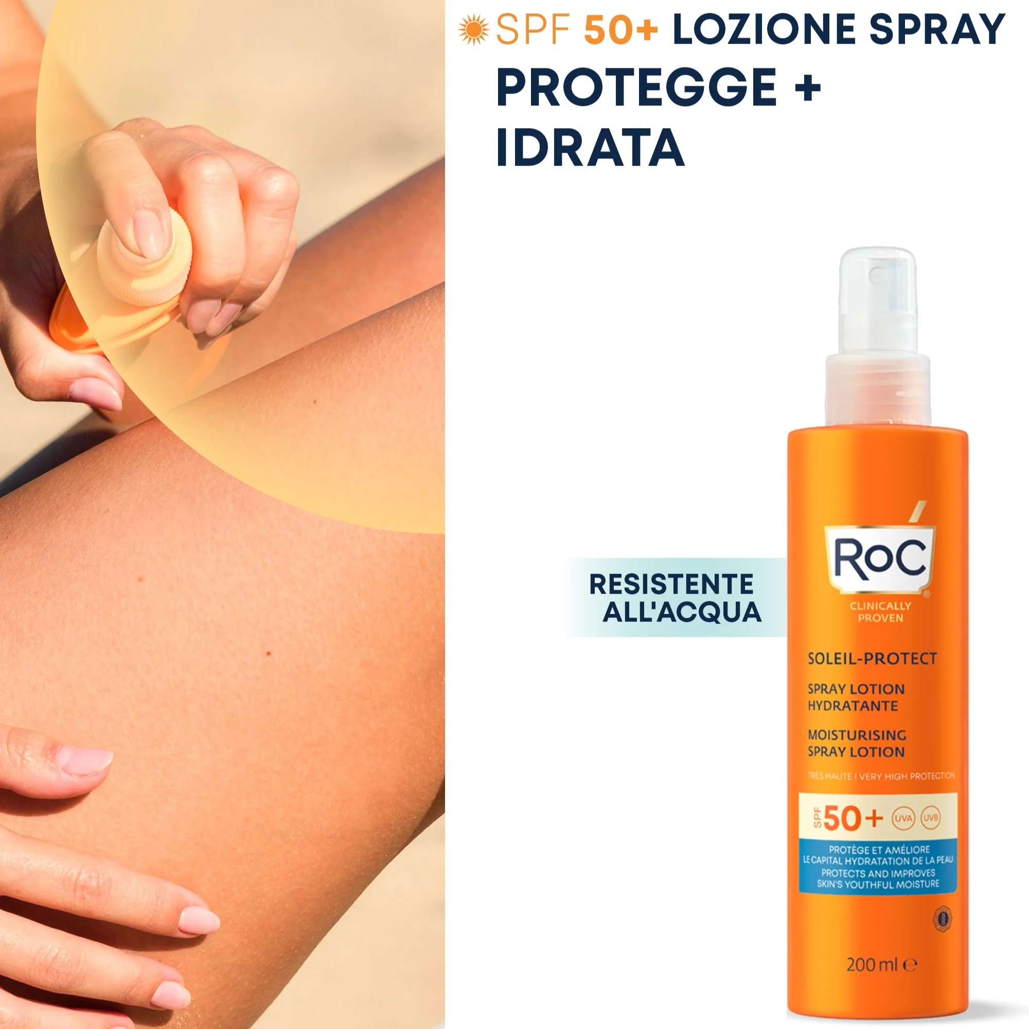 Loción corporal hidratante con protección solar Soleil-Protect SPF50+ - Spray solar corporal de alta protección.