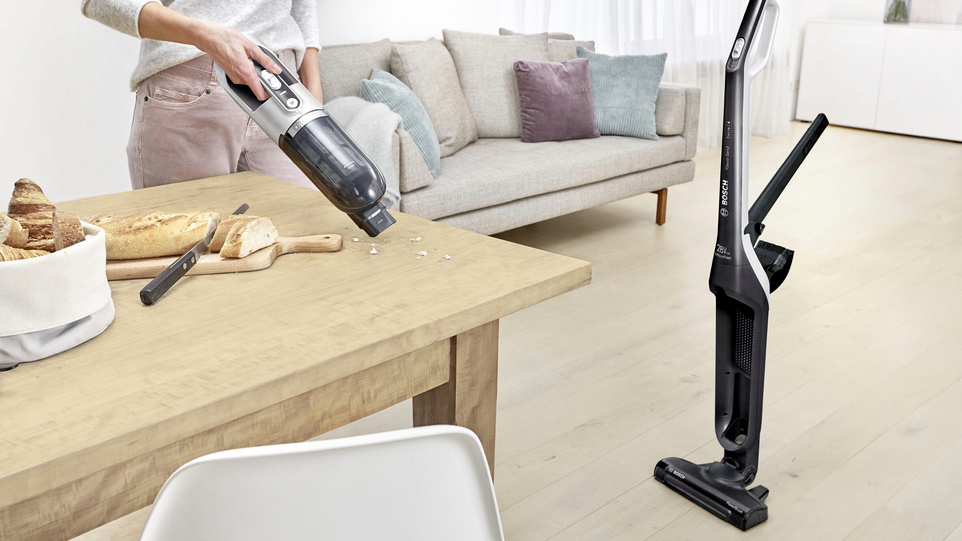 BOSCH Akku-Hand-und Stielstaubsauger Flexxo Serie 4 BBH3P2801, 28 V, Power Düse mit LED, beutellos, integriertes Zubehör, Schwarz