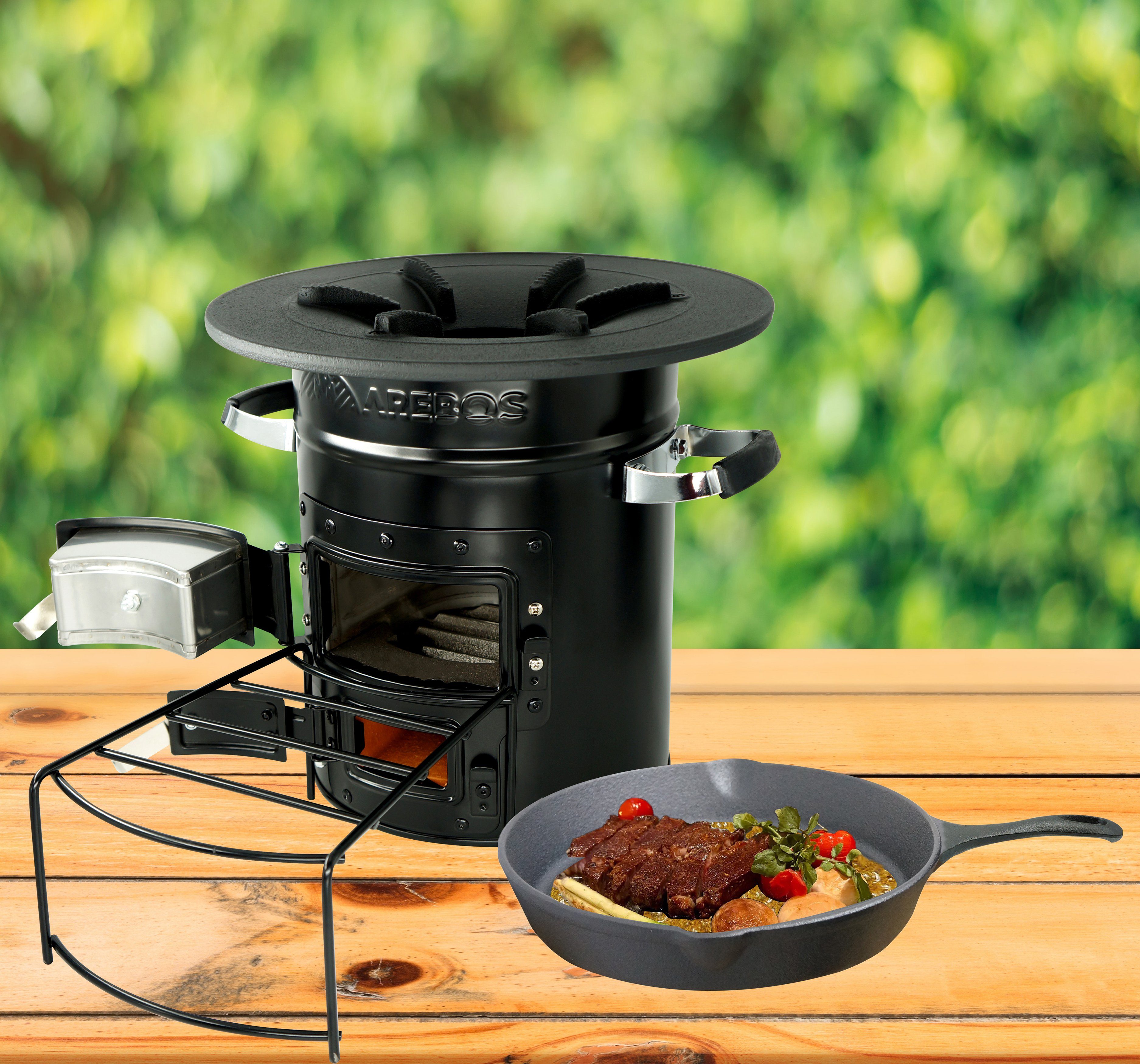 Arebos Feuerstelle Raketenofen inkl. Grillpfanne Dutch Oven BBQ, (Stück, Set)