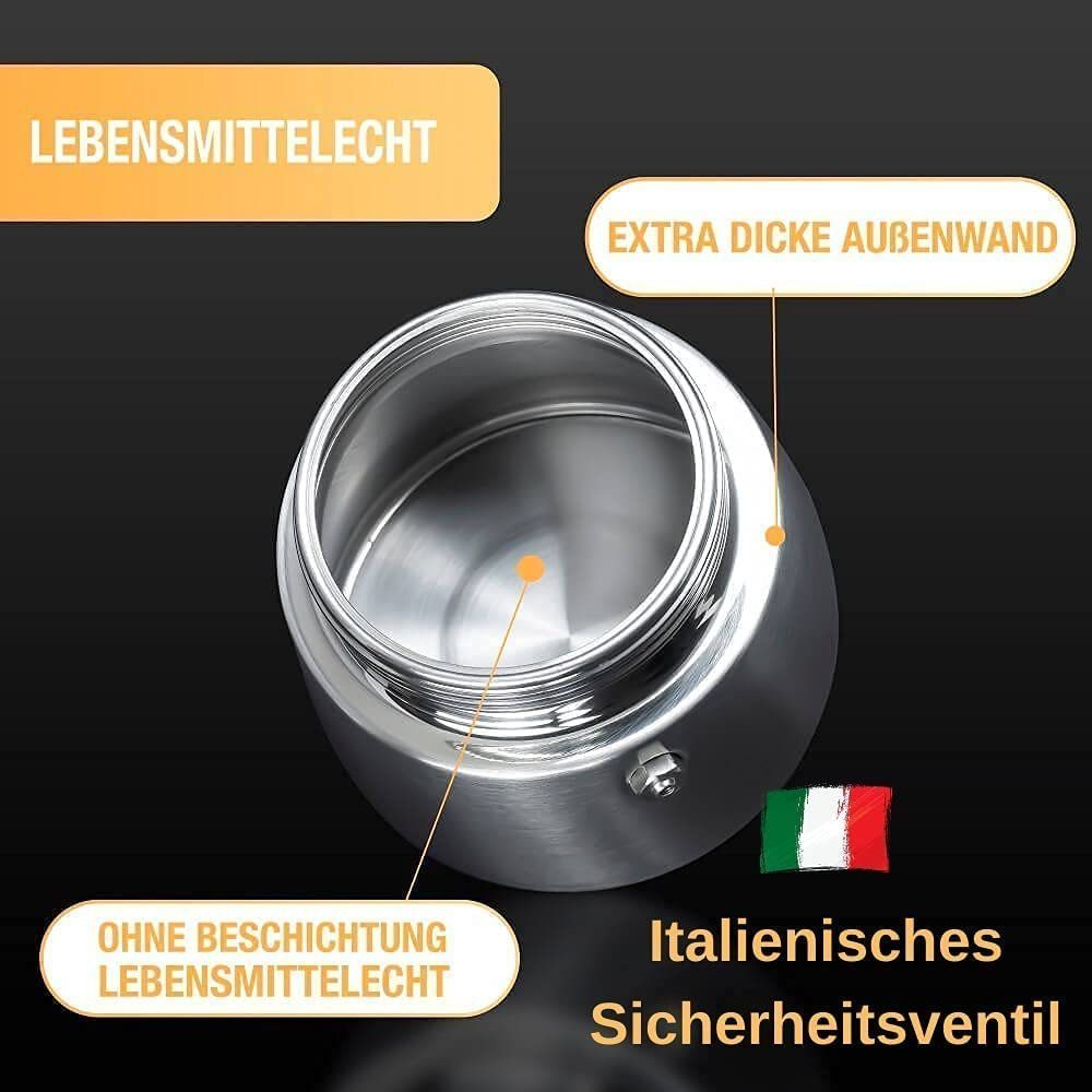 Thiru Espressokocher Espressokocher Induktion , Espressokanne Edelstahl, Edelstahl Filter, Premium Mokkakanne aus Edelstahl inkl. Toolset