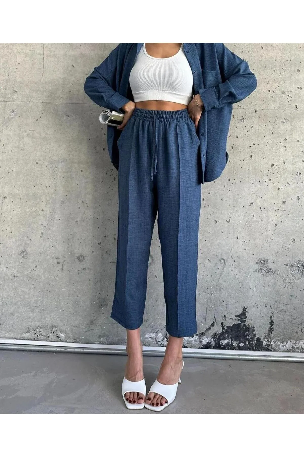 ZF BUTİK  Damen Set aus Hemd und Hose aus doppeltem Leinen in Blau