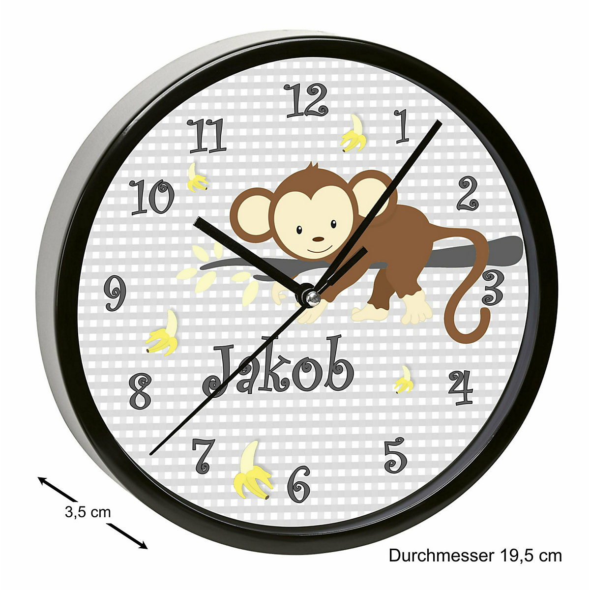 Kinder Wanduhr personalisiert mit Name Affe hängend Grau