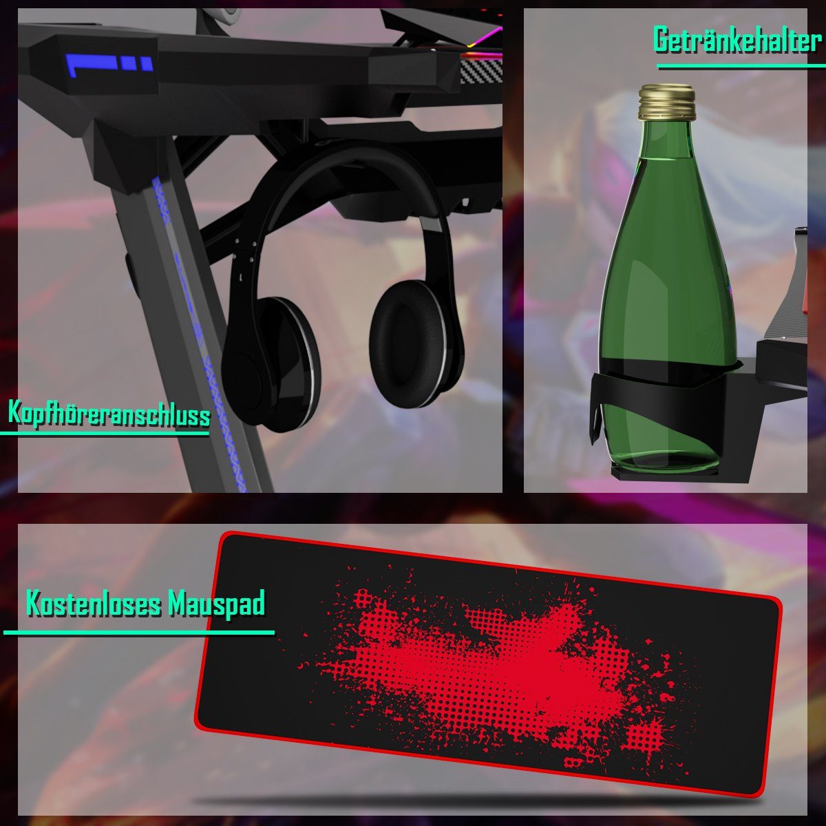 COSTWAY Gamingtisch, RGB-Led, Controller-Halterung mit 4 USB, Z-förmig 120cm