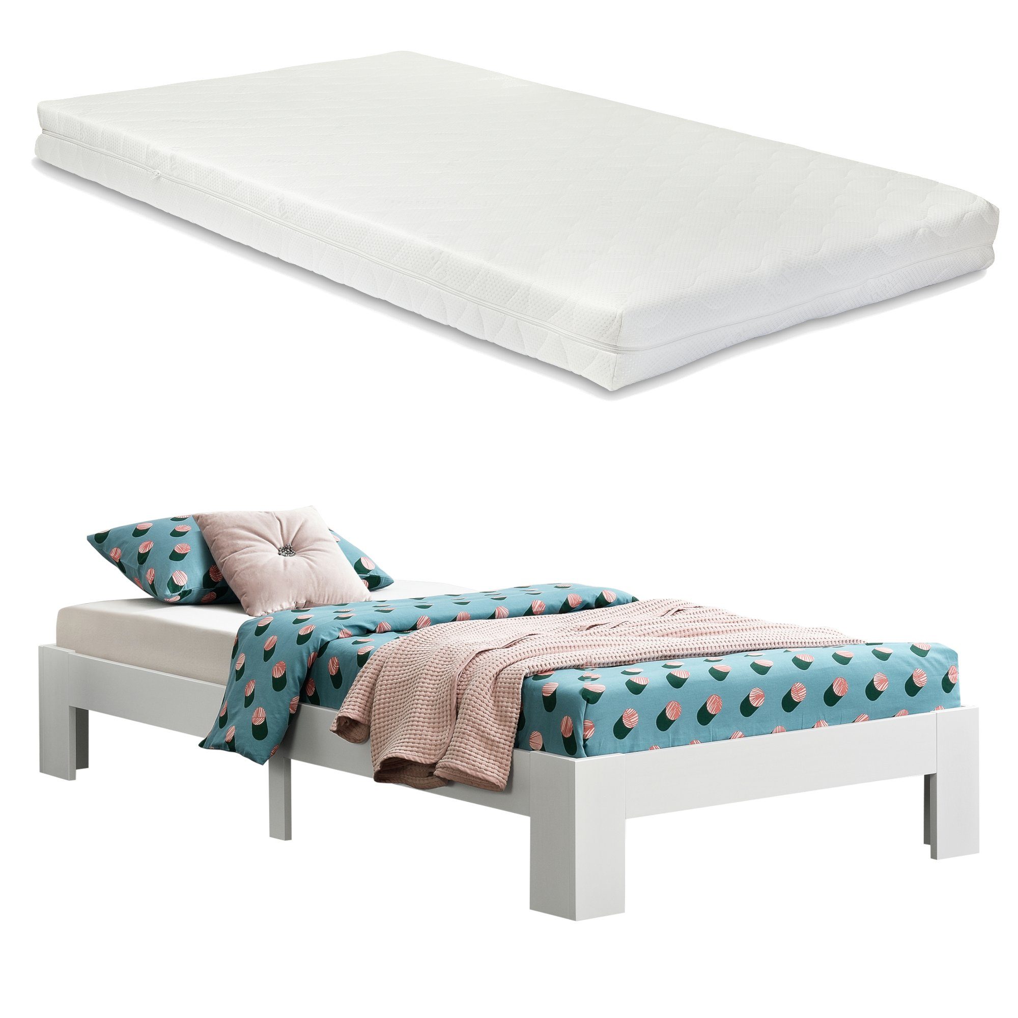 en.casa Holzbett, Raisio Einzelbett mit Matratze 90x200 cm Weiß