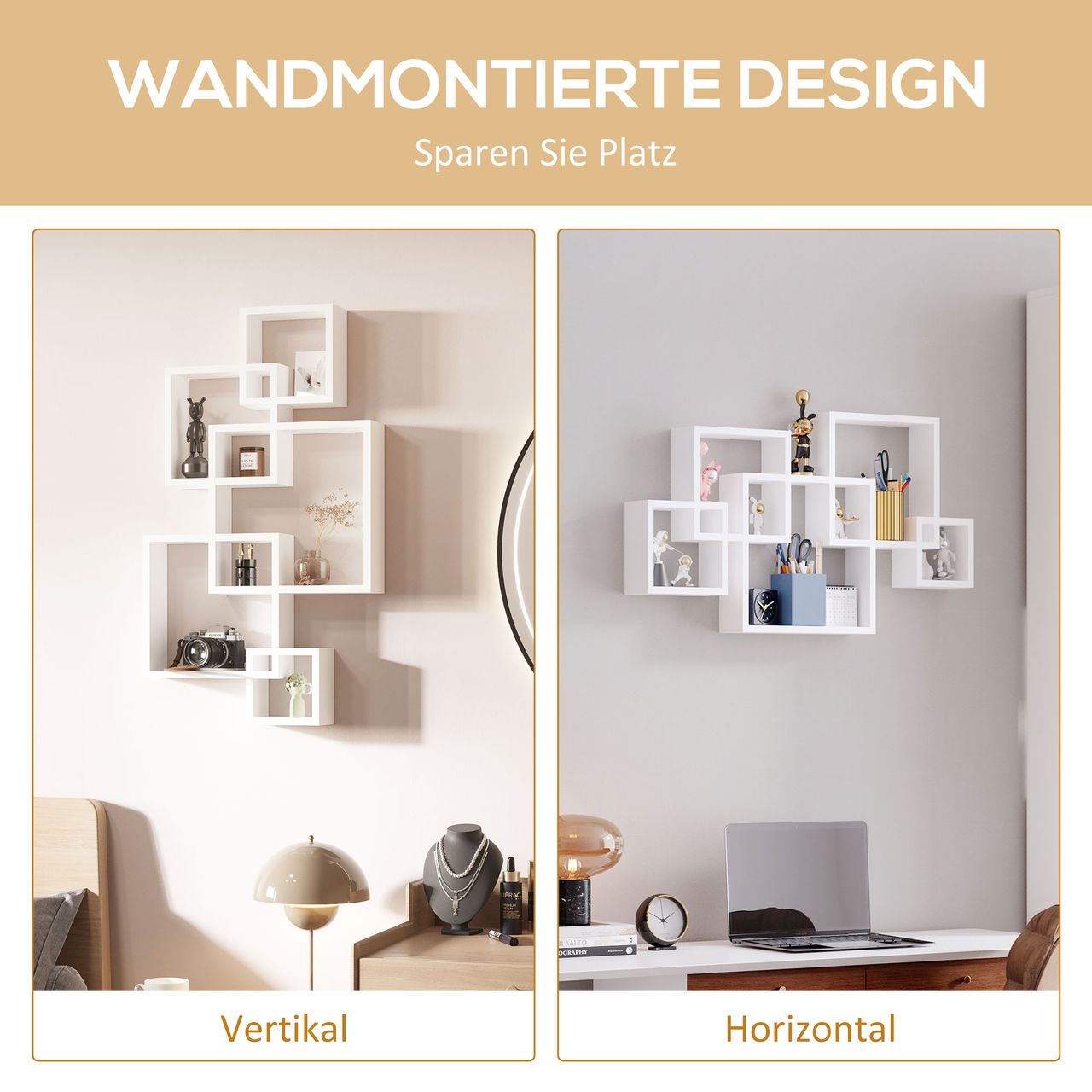 HOMCOM Wandregal Schweberegal Wandboard mit 5 ineinandergreifenden Würfel, 9 Fächer, Wanddeko für Wohnzimmer Schlafzimmer Tannenholz Weiß 49,5 x 10,2 x 86 cm