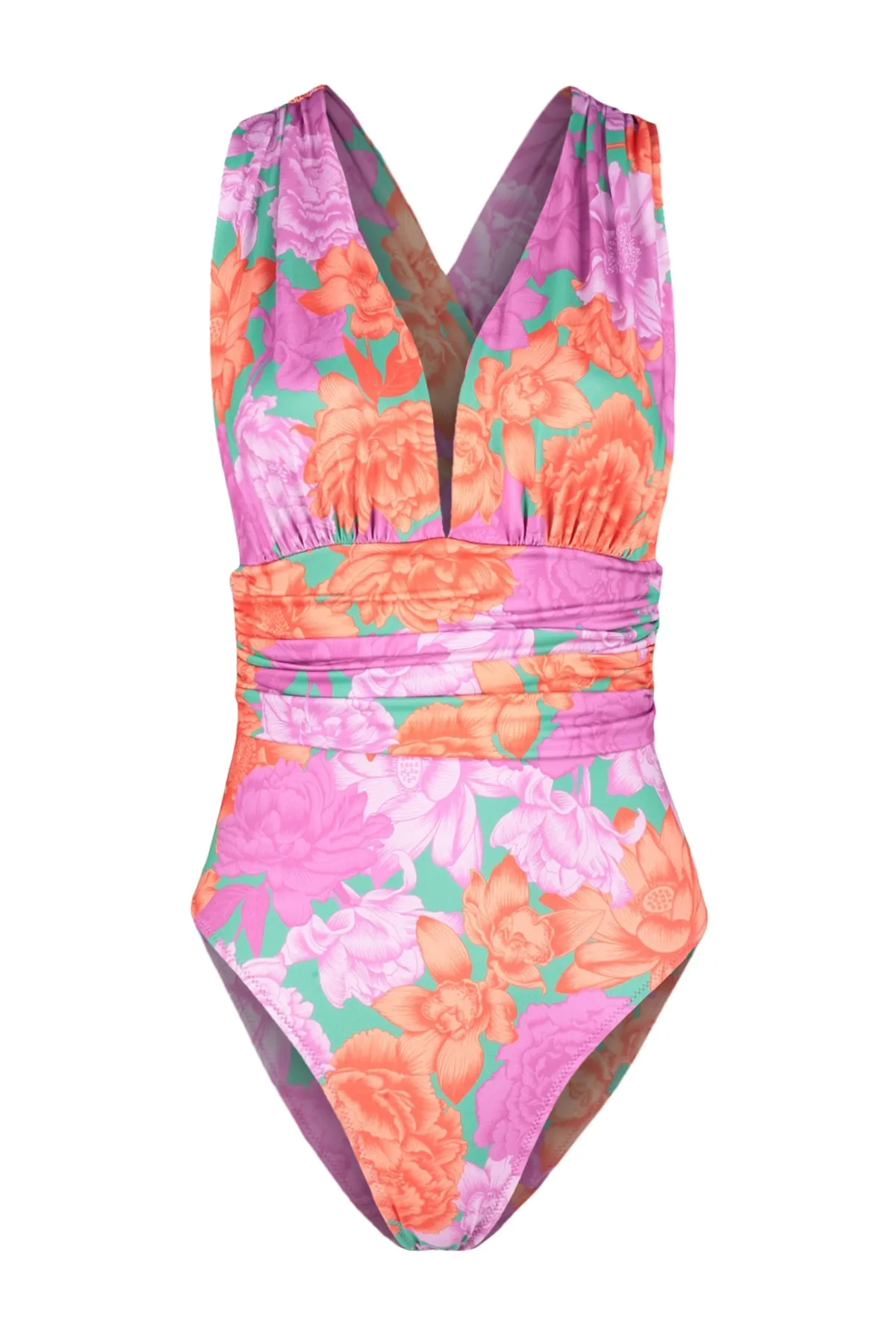 Trendyol Collection  Tief ausgeschnittener, drapierter Badeanzug mit normalem Bein und Blumenmuster TBESS23MA00282