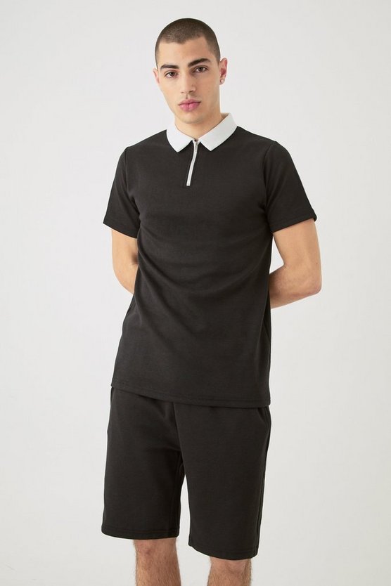 Slim-Fit Poloshirt mit 1/4 Reißverschluss & Shorts