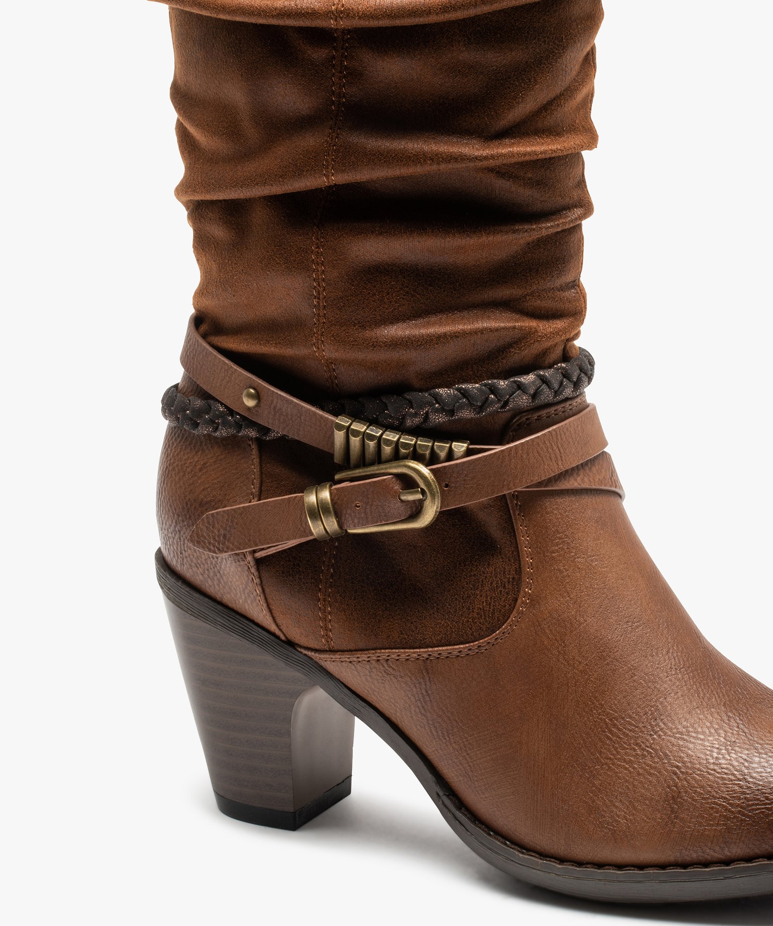 Bottes femme à talon rainuré et brides fantaisie camel | GEMO