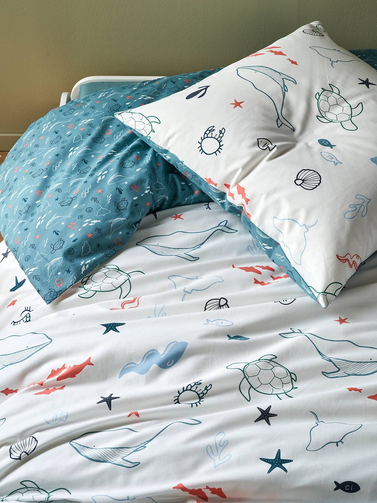 Vertbaudet Kinder Bettwäsche-Set MEERESTIEFE Oeko-Tex - wollweiß/aquamarin