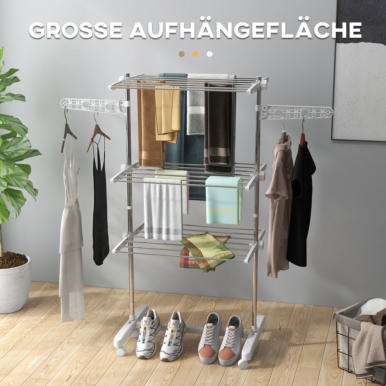 HOMCOM Mobiler Wäscheständer Wäschetrockner Kleiderständer 3 Ebenen klappbar Rolle 80-142 x 55 x 152 cm