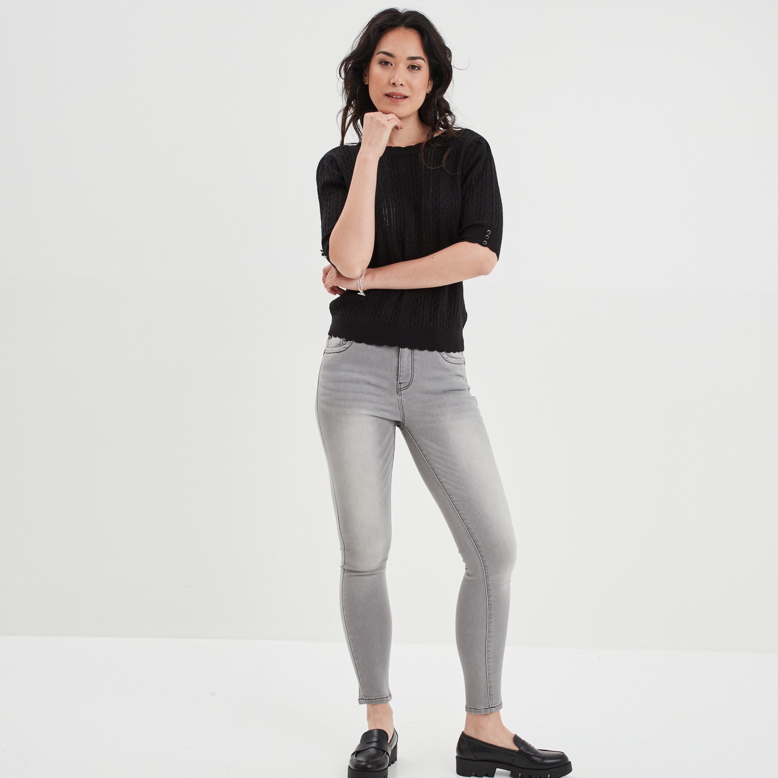 Pull dos ouvert ajouré manches 3 4 noir femme | La Halle