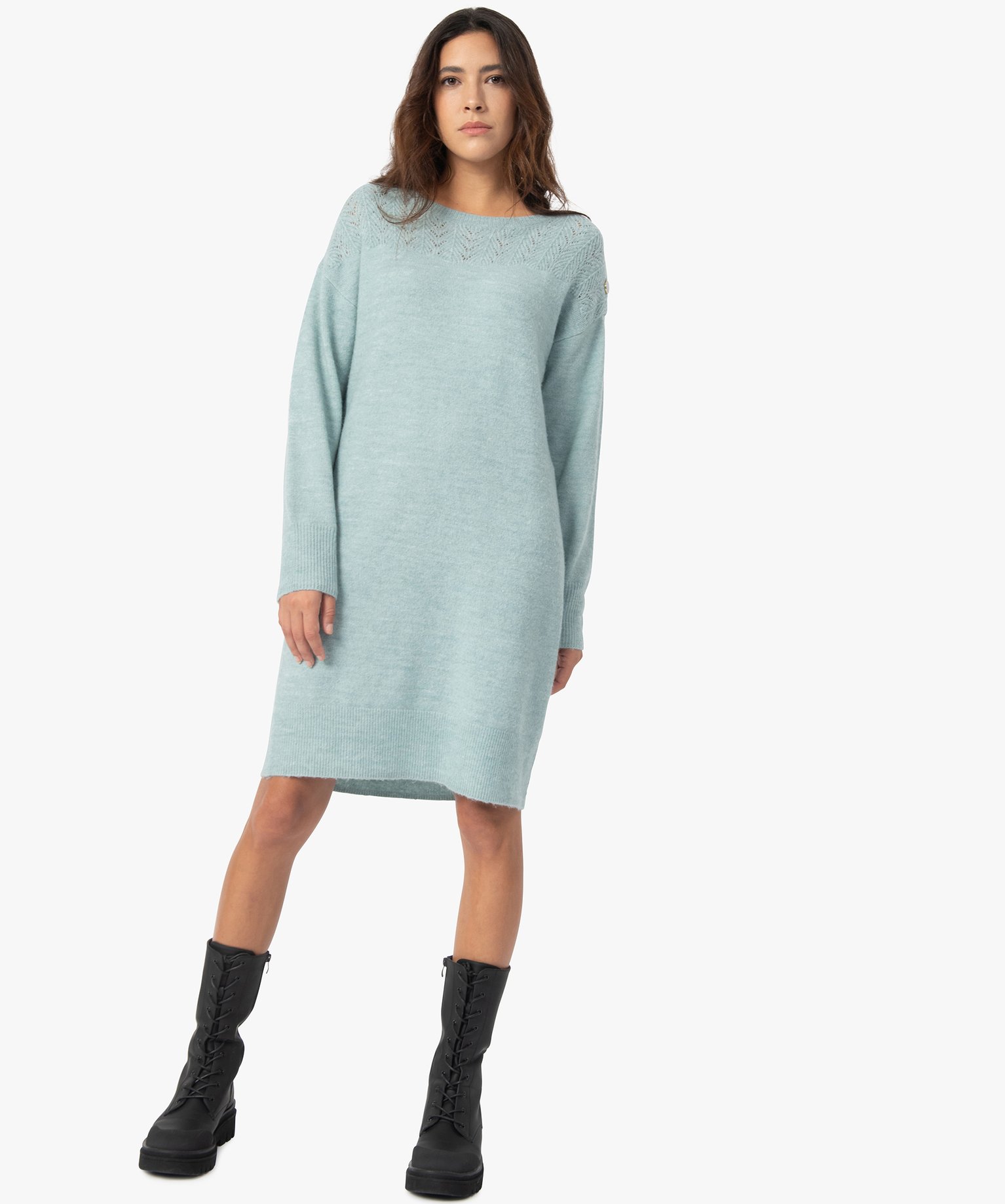 Robe pull femme en maille fantaisie vert clair | GEMO