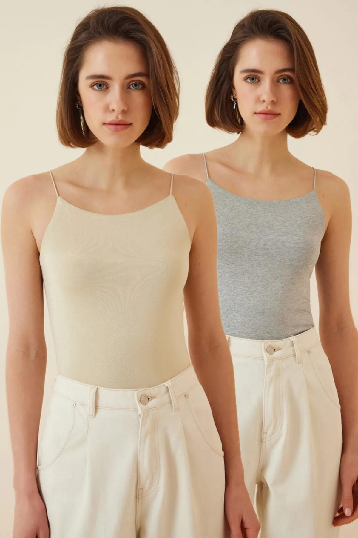 Happiness İstanbul  Zweiteilige Strickbluse mit Seilträgern für Damen in Steingrau und Creme LD00045