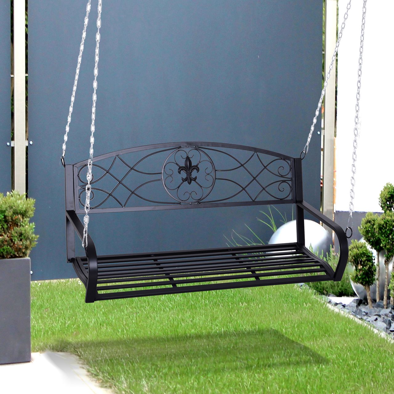 Outsunny Hängebank 2-Sitzer Gartenschaukel Schaukelbank mit Ketten Schwarz 132 x 63 x 58 cm
