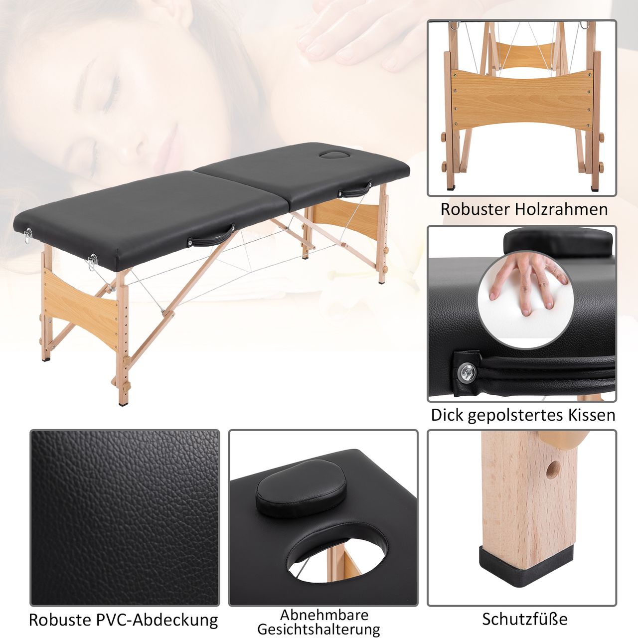 HOMCOM Massageliege Mobiler Massagetisch Höhenverstellbar Kosmetik Bank Holz