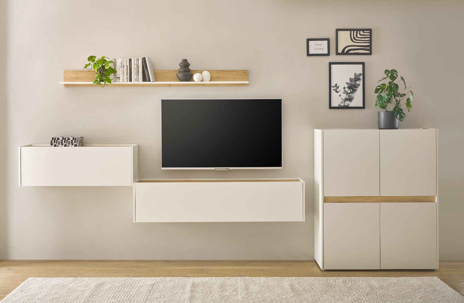 Furn.Design Wohnwand Center, (Wohnzimmer Set in weiß mit Wotan Eiche, 4-teilig, Breite 370 cm), integrierter Sekretär