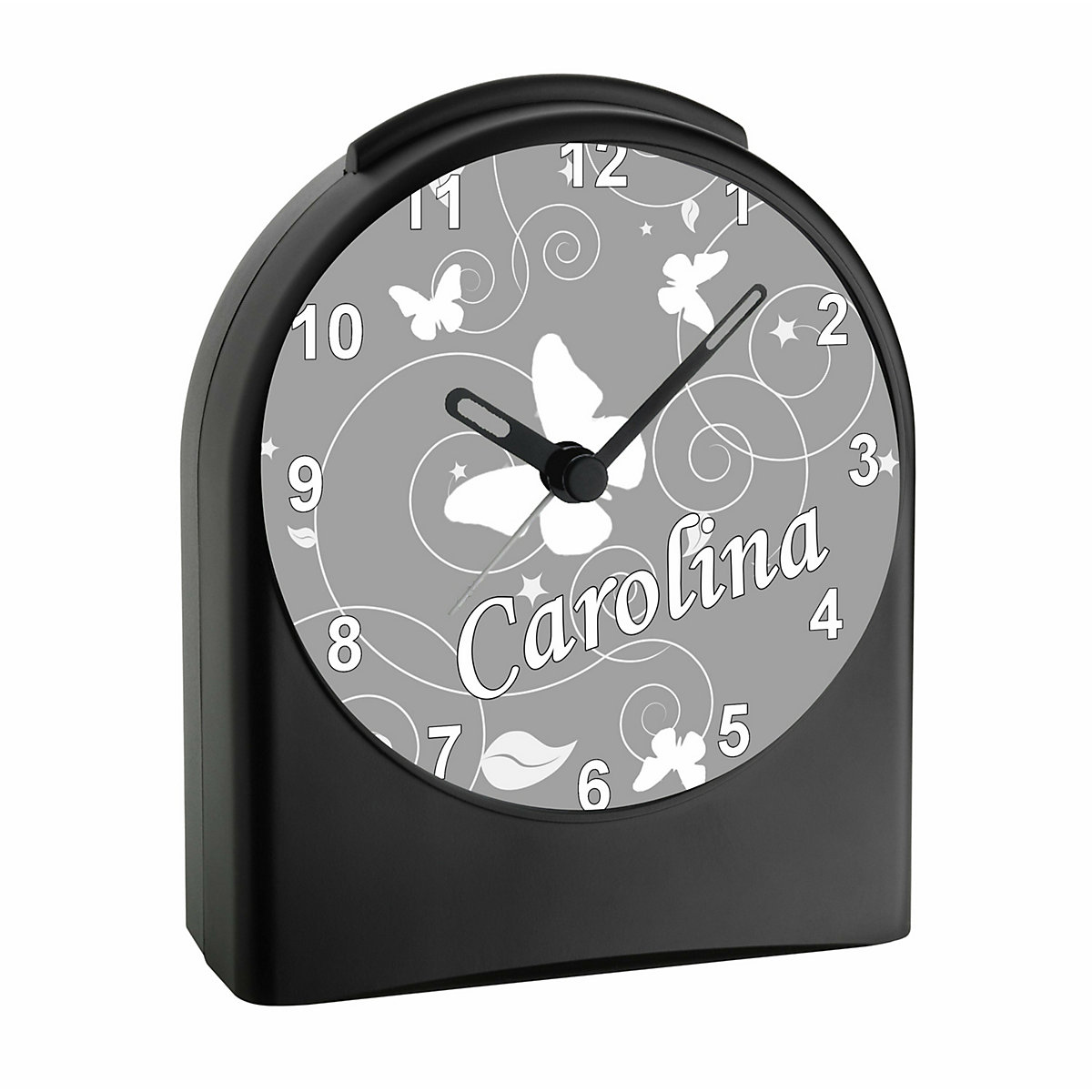 Kinder Funkwecker personalisiert mit Namen Schmetterling Ornamente Atom-/Funkuhr, 12-Stunden-Anzeigeformat, Schlummerfunktion, Nachtlicht, Geräuschlos/Ohne Ticken