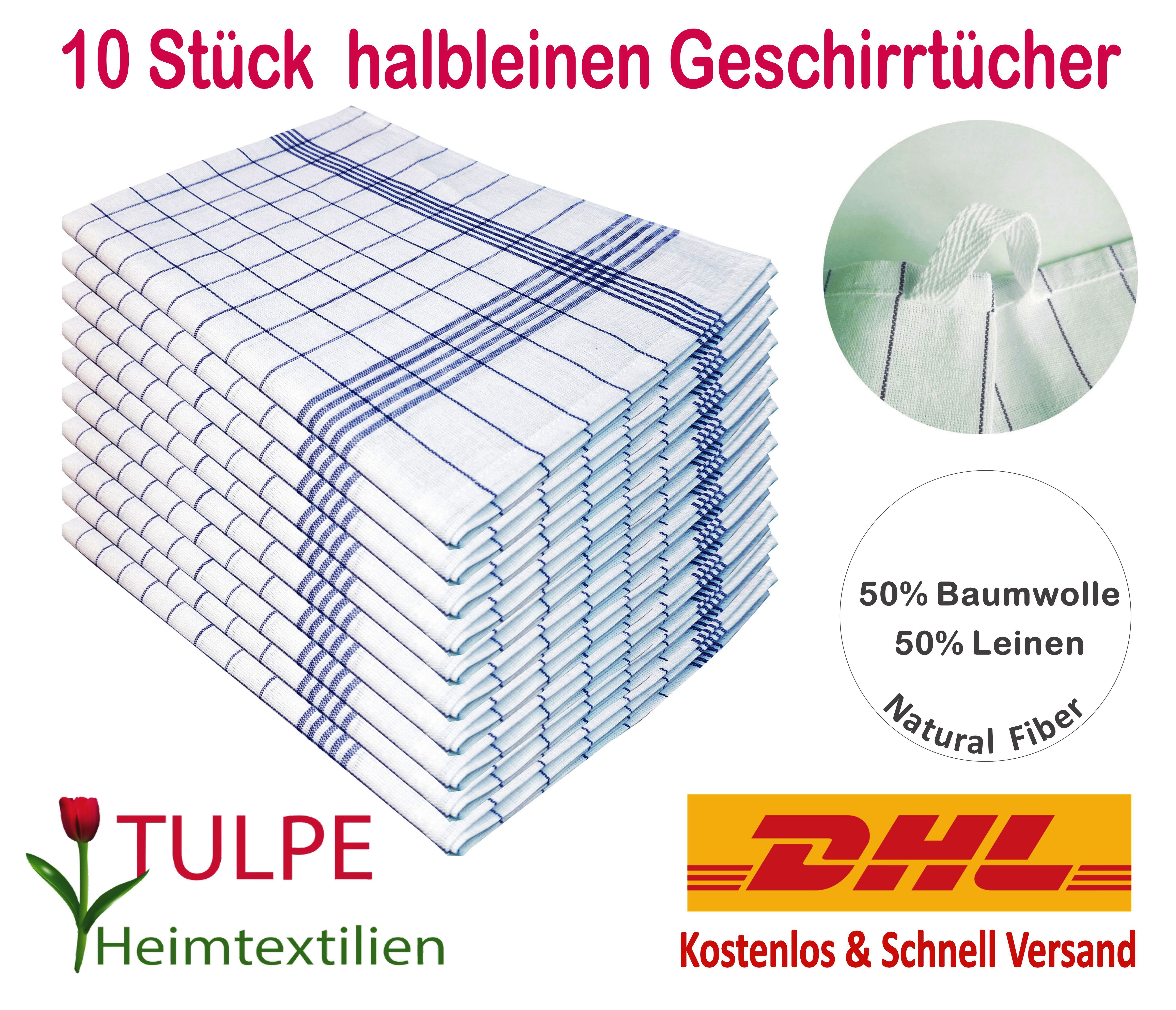 Tulpe Heimtextilien Geschirrtuch Halbleinen 50% Leinen 50% Baumwolle in 2 Farben blau und rot, (10er Set), hochwertige Qualität Geschirrtücher Küchentücher Trockentuch