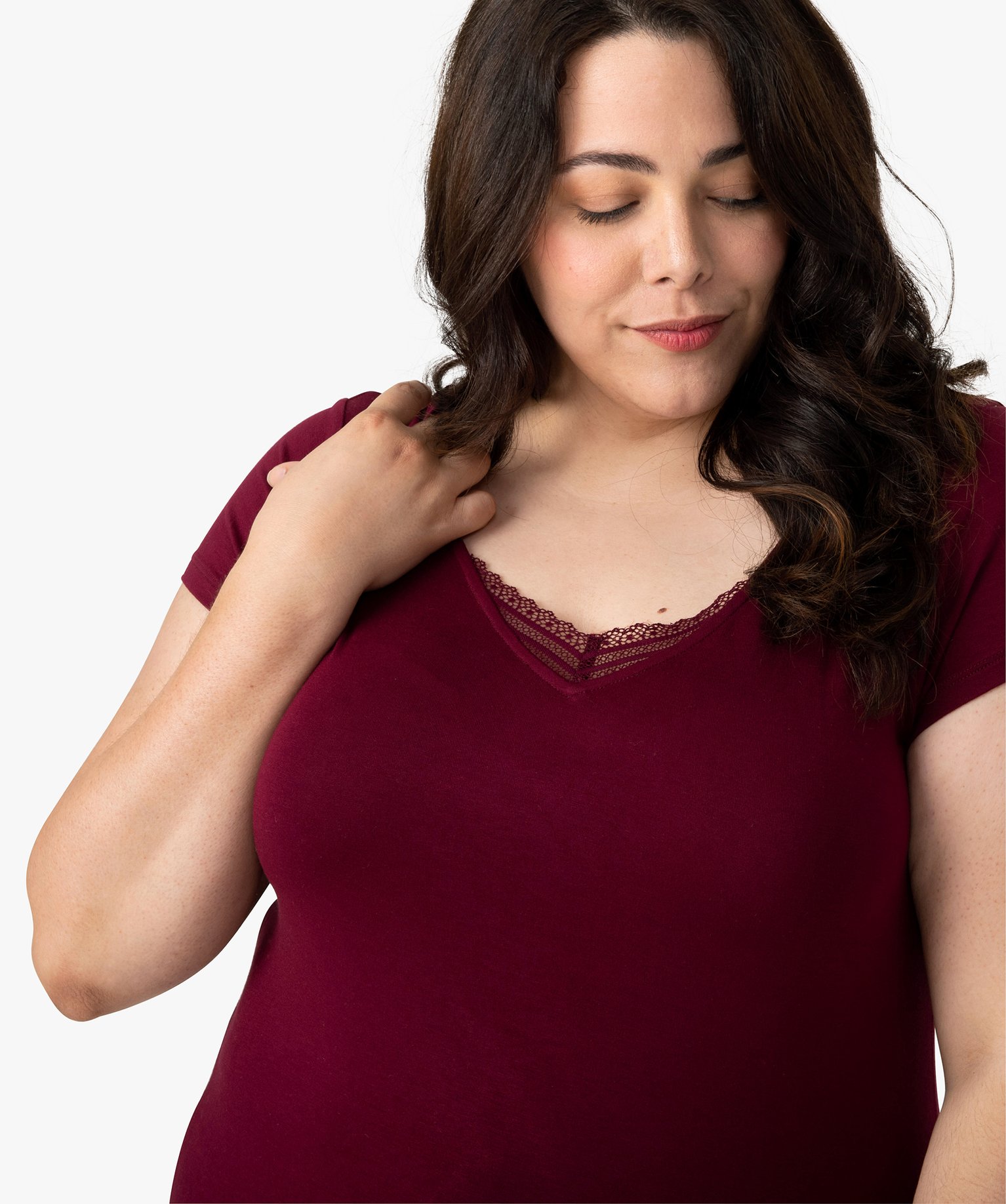 Tee-shirt de nuit femme grande taille avec col V bordé de d... violet fonce | GEMO