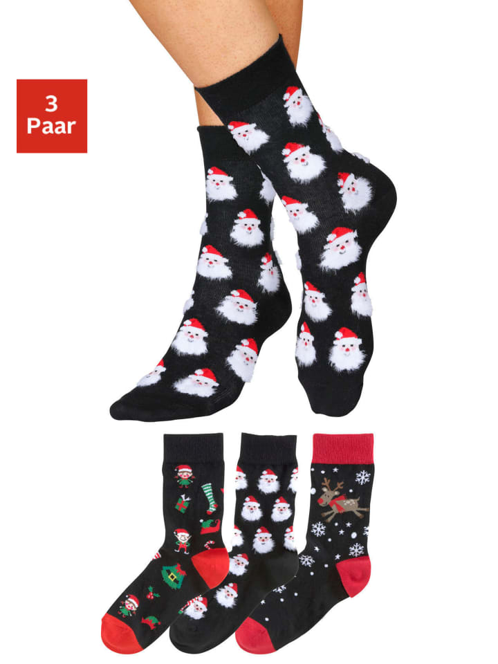 H.I.S Socken in 3x schwarz-rot-gemustert günstig kaufen 35-38