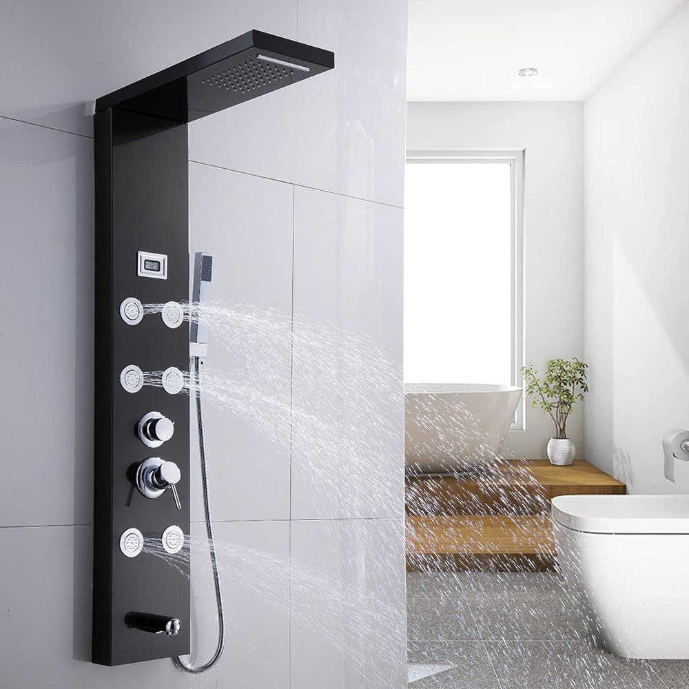 XIIW Duschsystem Duschsystem Edelstahl Duschpaneel Duschsäulen,mit Regendusch, Massagedüsen Handbrause Wasserfalldusche Kopfbrause, mit 1,5m S/S flexibler Schlauch,Schwarz