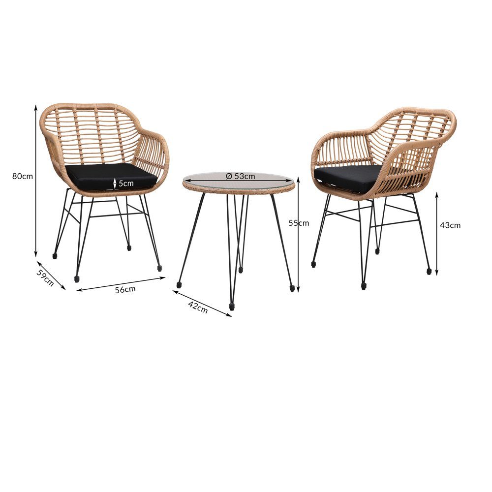 Casaria Balkonset Bali, (3-tlg), 5cm Auflagen Wetterfest 5mm Sicherheitsglasplatte Höhenverstellbar