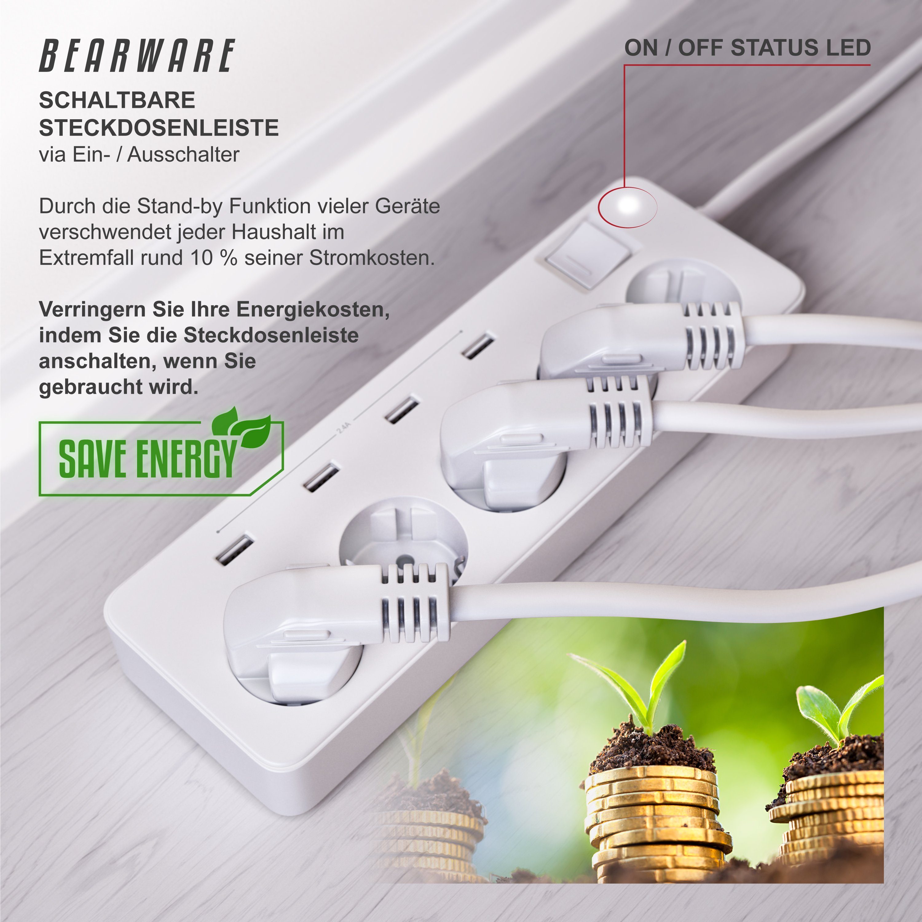 BEARWARE Steckdosenleiste 5-fach (Ein- / Ausschalter, USB-Anschlüsse, Kindersicherung, Schutzkontaktstecker, Überspannungsschutz, Kabellänge 1,50 m), Steckdosenleiste mit USB-Ladevorrichtung - 4x USB-Ports