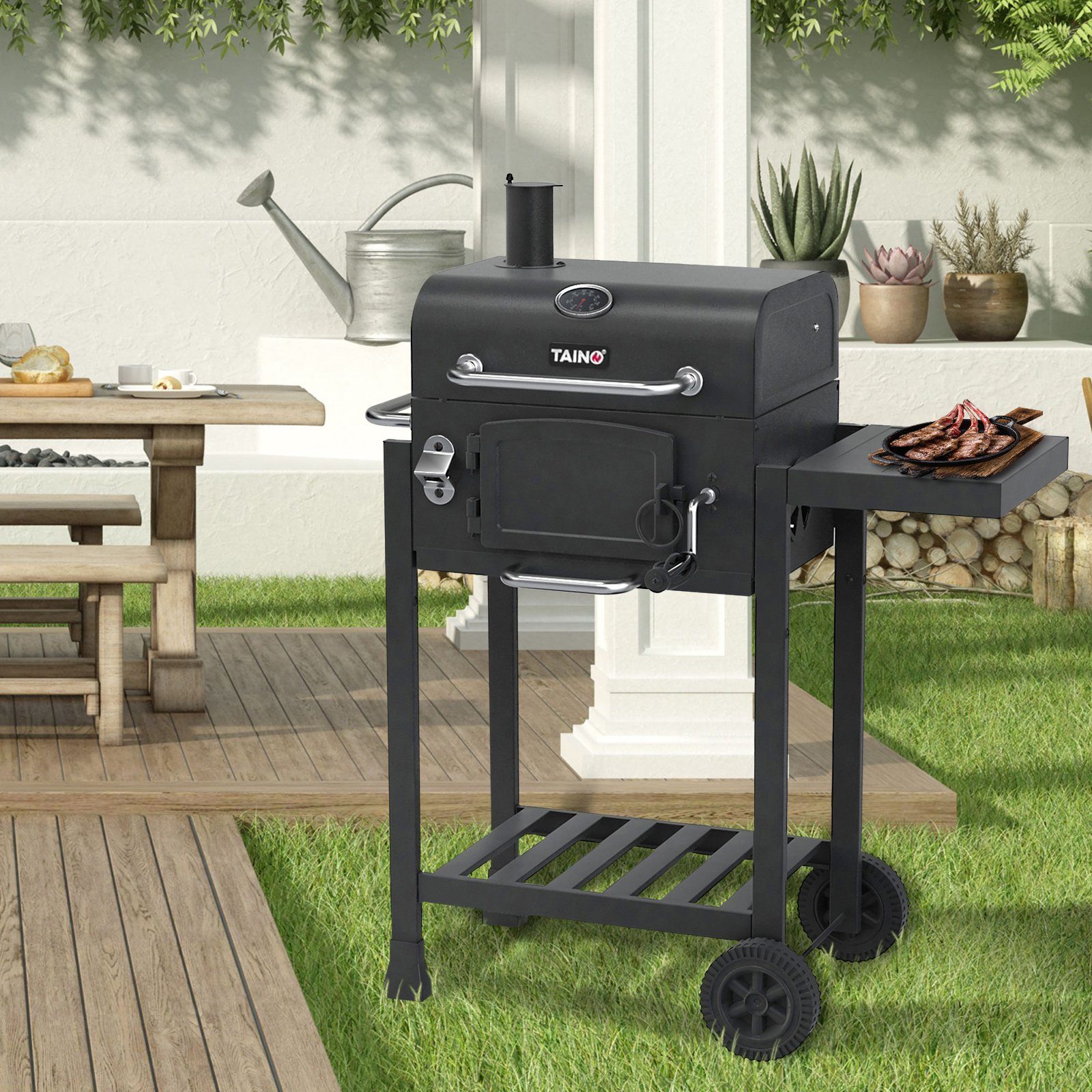 TAINO Holzkohlegrill HERO, Kohlerost höhenverstellbar, kleiner Smoker, Seitentisch klappbar